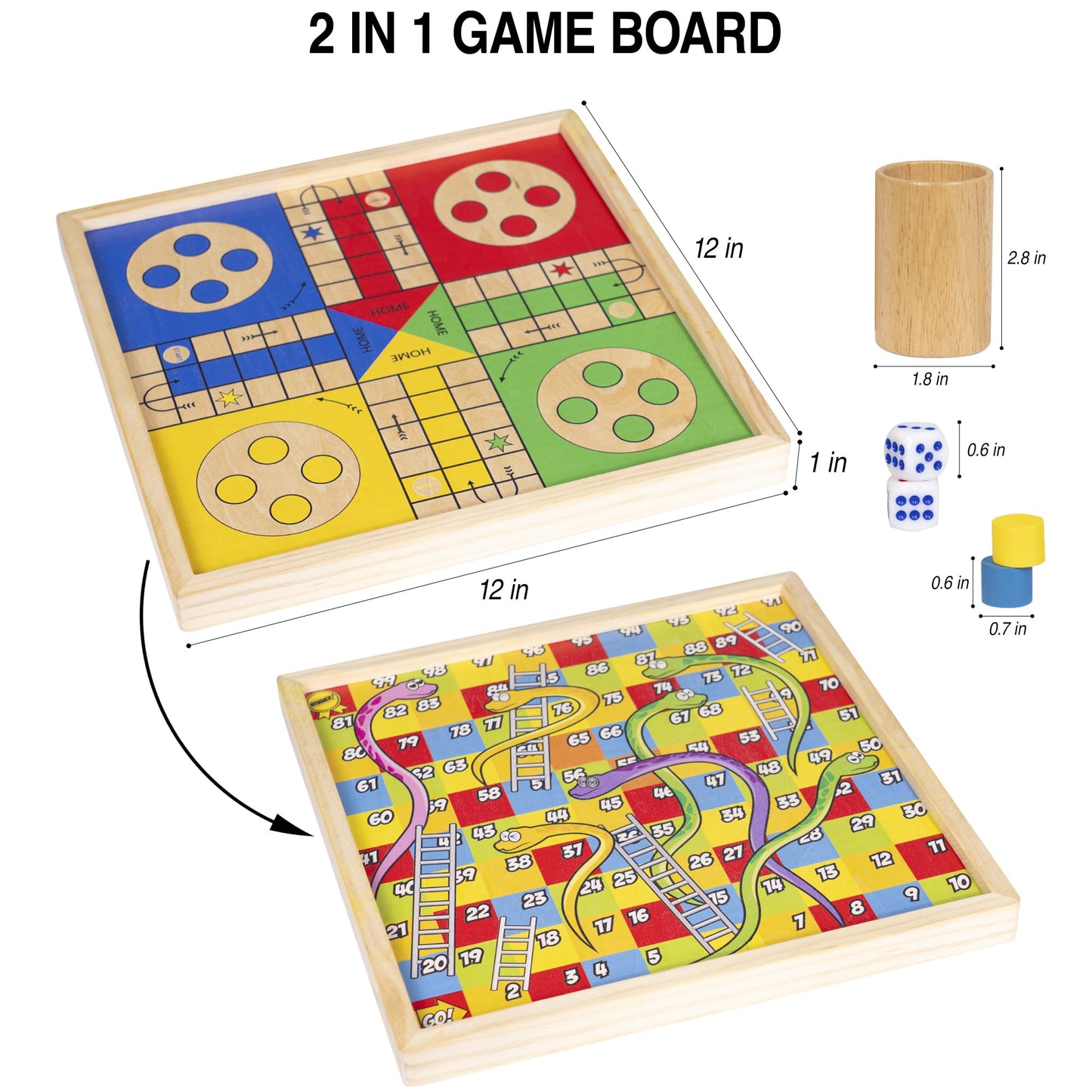 12 Inch Wooden Ludo Board Game & Snakes and Ladders 2-in-1 Reversible Classic Board Game for Kids and Adults, Includes 1 Parcheesi Board, 2 Dice, 1