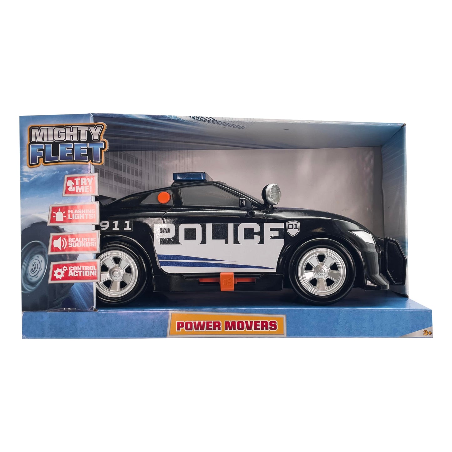 Mighty Fleet Power Movers 15” Interactive Police Car Toy - Motion Drive Motorized Action, Flashing Lights & Siren, Working Spotlight, Batteries