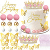 AMZVALU Crown Cake Topper, Balls Happy Birthday Cake Topper Pink Crown Birthday Candles Gold Butterflies, Corona Para Pastel, Cake Decorations