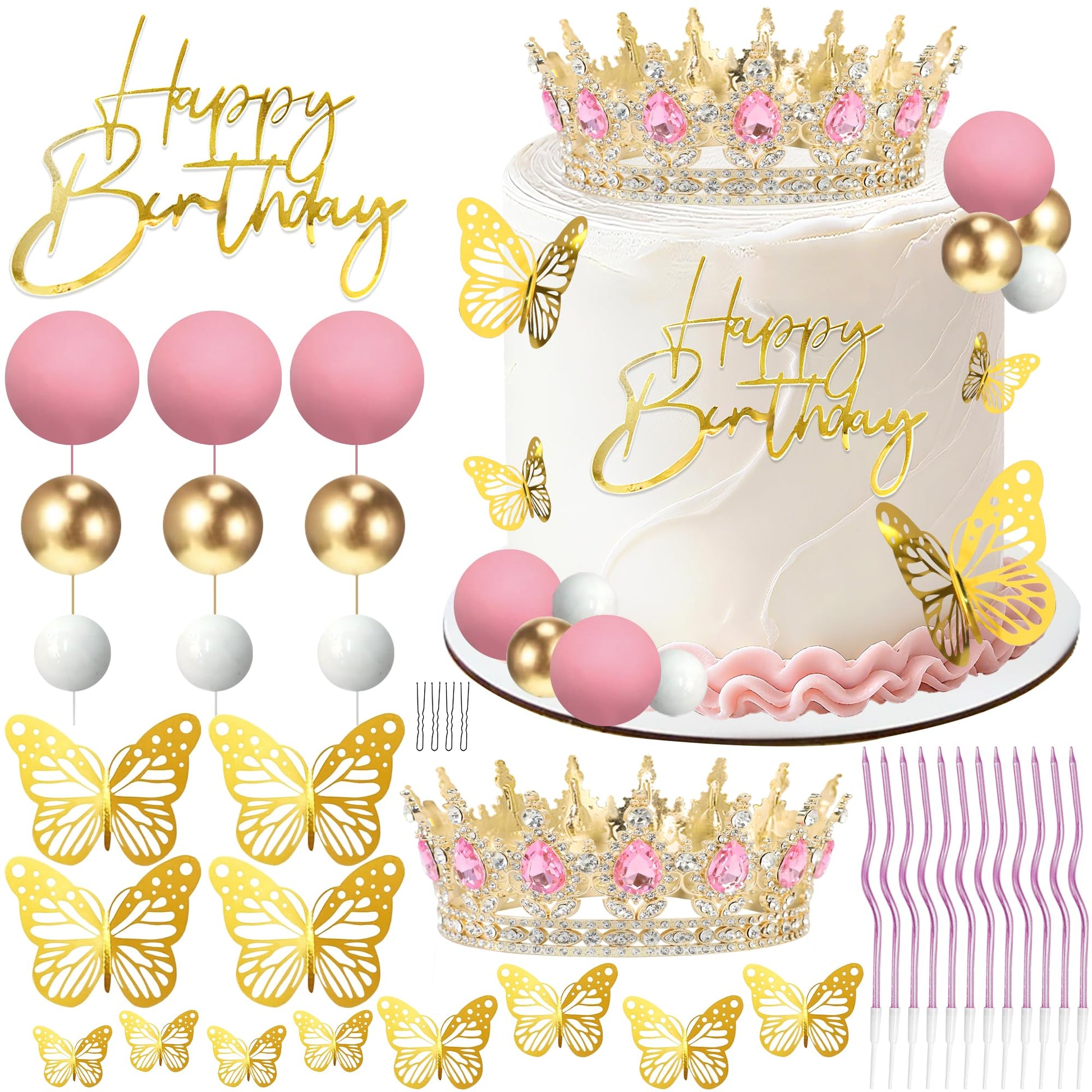 AMZVALU Crown Cake Topper, Balls Happy Birthday Cake Topper Pink Crown Birthday Candles Gold Butterflies, Corona Para Pastel, Cake Decorations