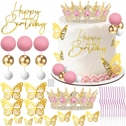 AMZVALU Crown Cake Topper, Balls Happy Birthday Cake Topper Pink Crown Birthday Candles Gold Butterflies, Corona Para Pastel, Cake Decorations