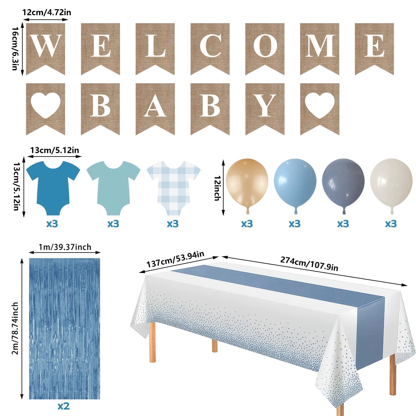 18PCS Dusty Blue Baby Shower Decorations with Banner Clothes Banner Tablecloth Decor Set