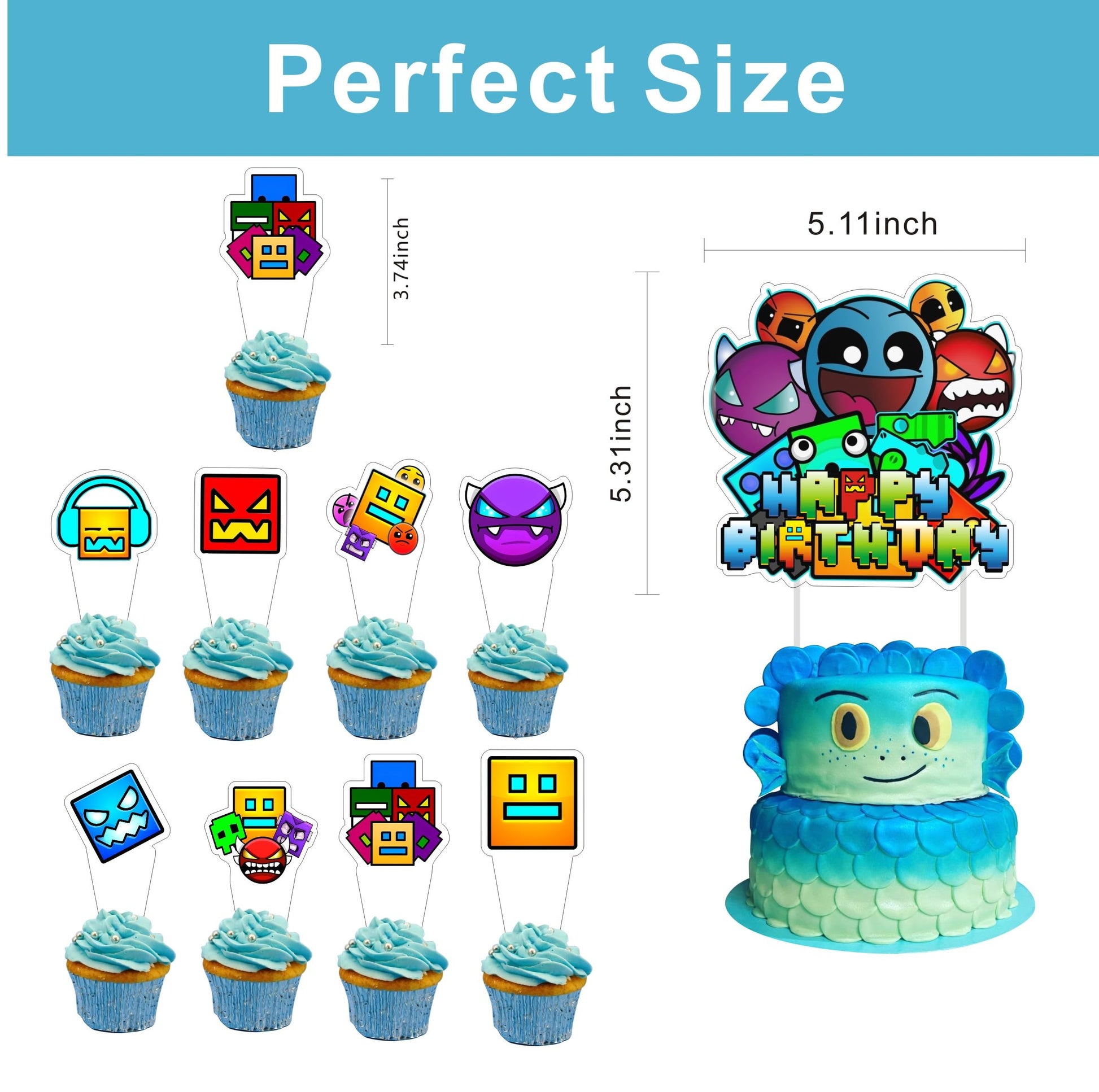 25pcs Cartoon For Geometry Aesthetic Dash Birthday Decorations with 24pcs Cupcake Toppers, 1pcs Cake Topper for Birthday Party Supplies.
