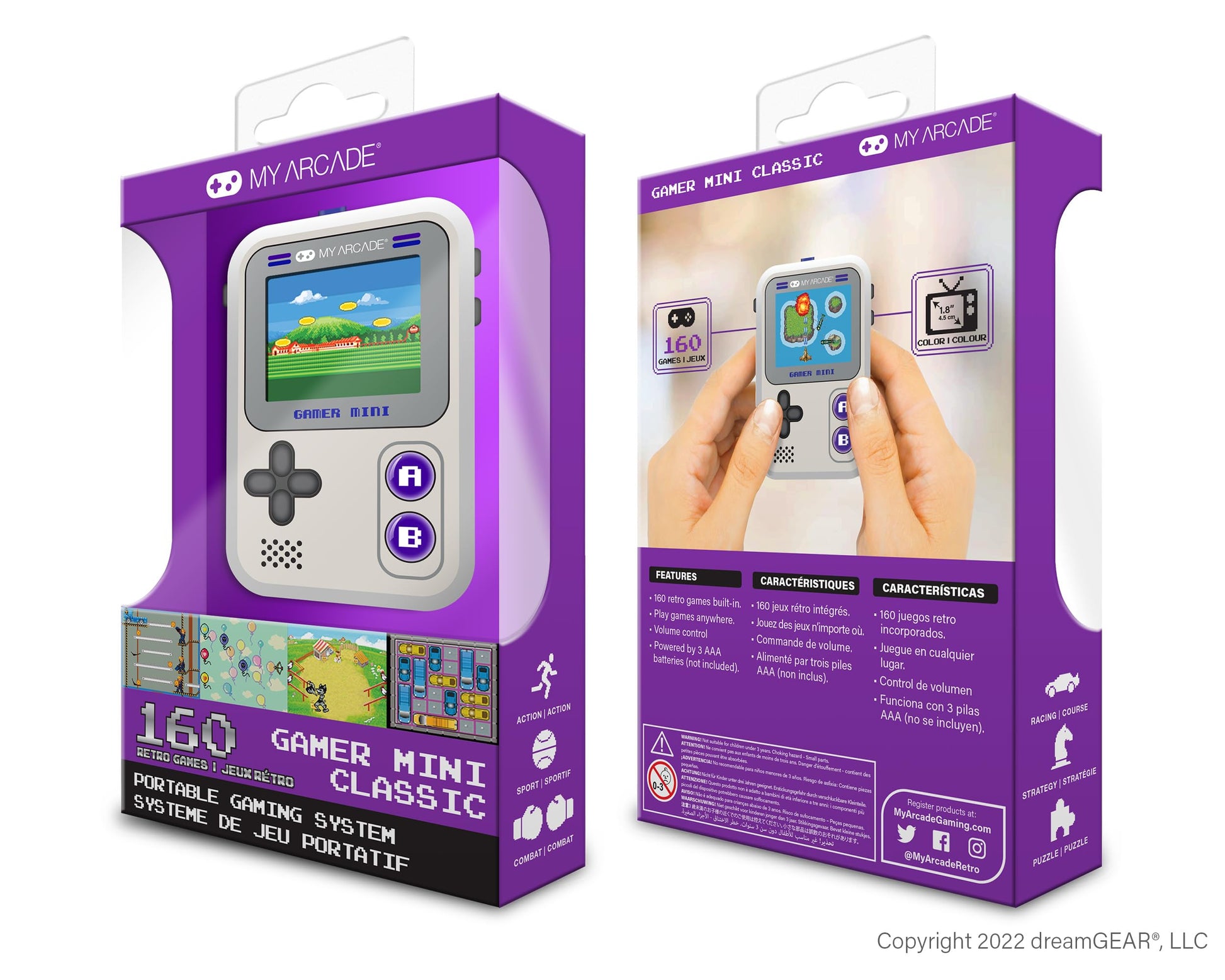 My Arcade Gamer Mini Classic-Purple: Games for Kids, Miniature Handheld Gaming System Packed with 160 Games, 1.8'' Color Display (DGUN-3924), Small