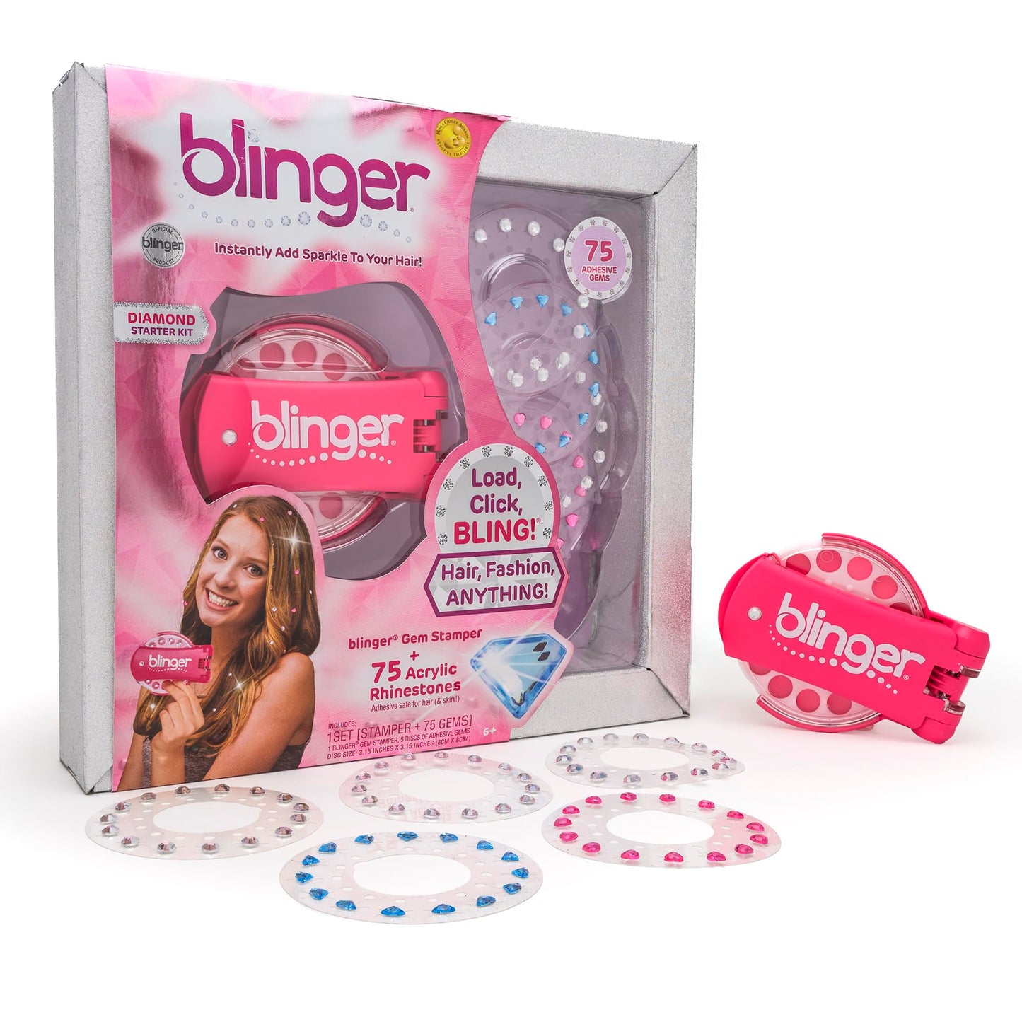blinger® Diamond Starter Set - Dreams - as seen on Shark Tank | 75 Colorful Rhinestone Gems | Hair Bling Styling Tool | Easy to Use | Hair-Safe Jewel