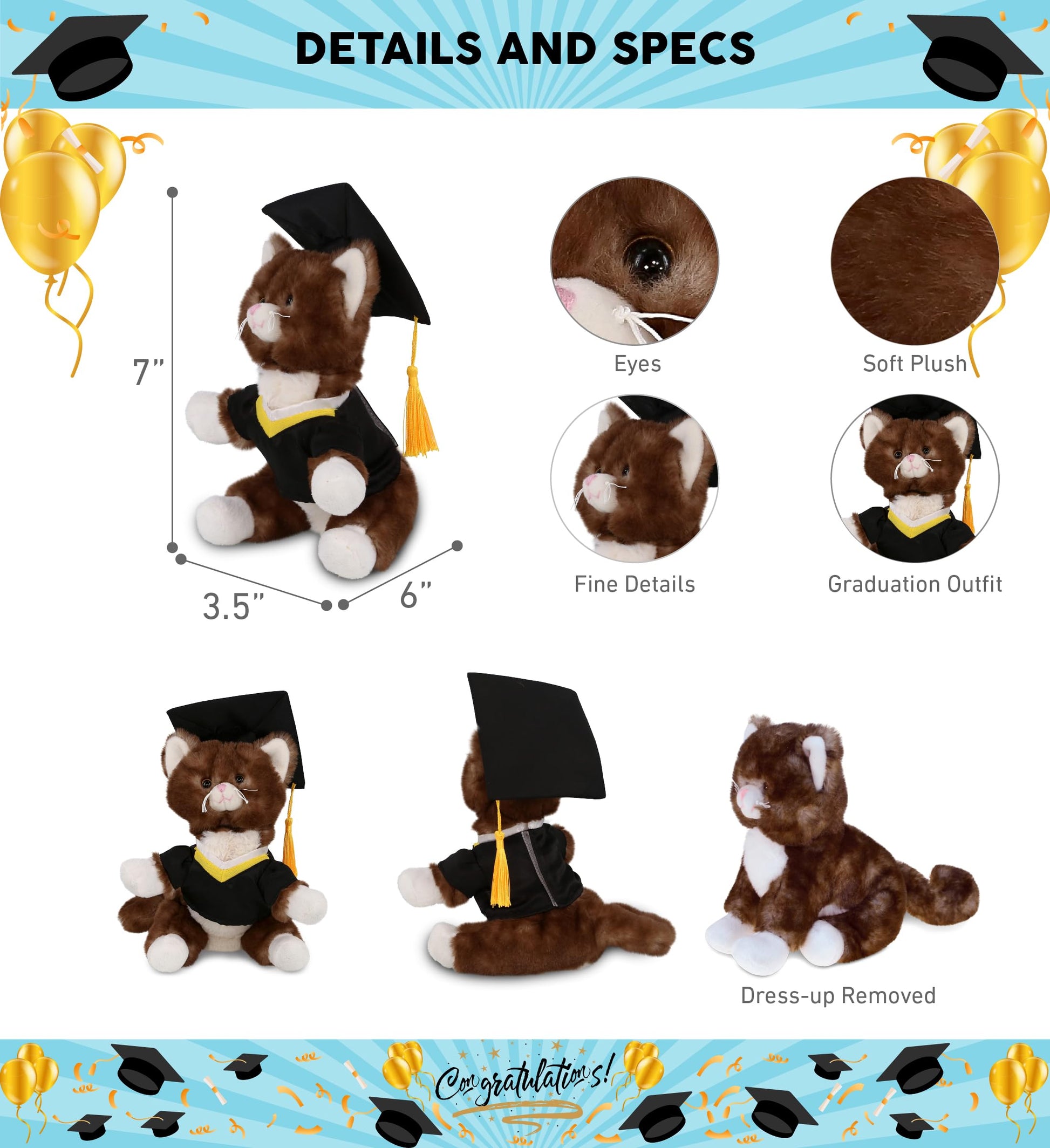 DolliBu Brown Cat Graduation Plush Toy - Soft Huggable Graduation Stuffed Animal Dress Up with Gown and Cap with Tassel Outfit with Personalization