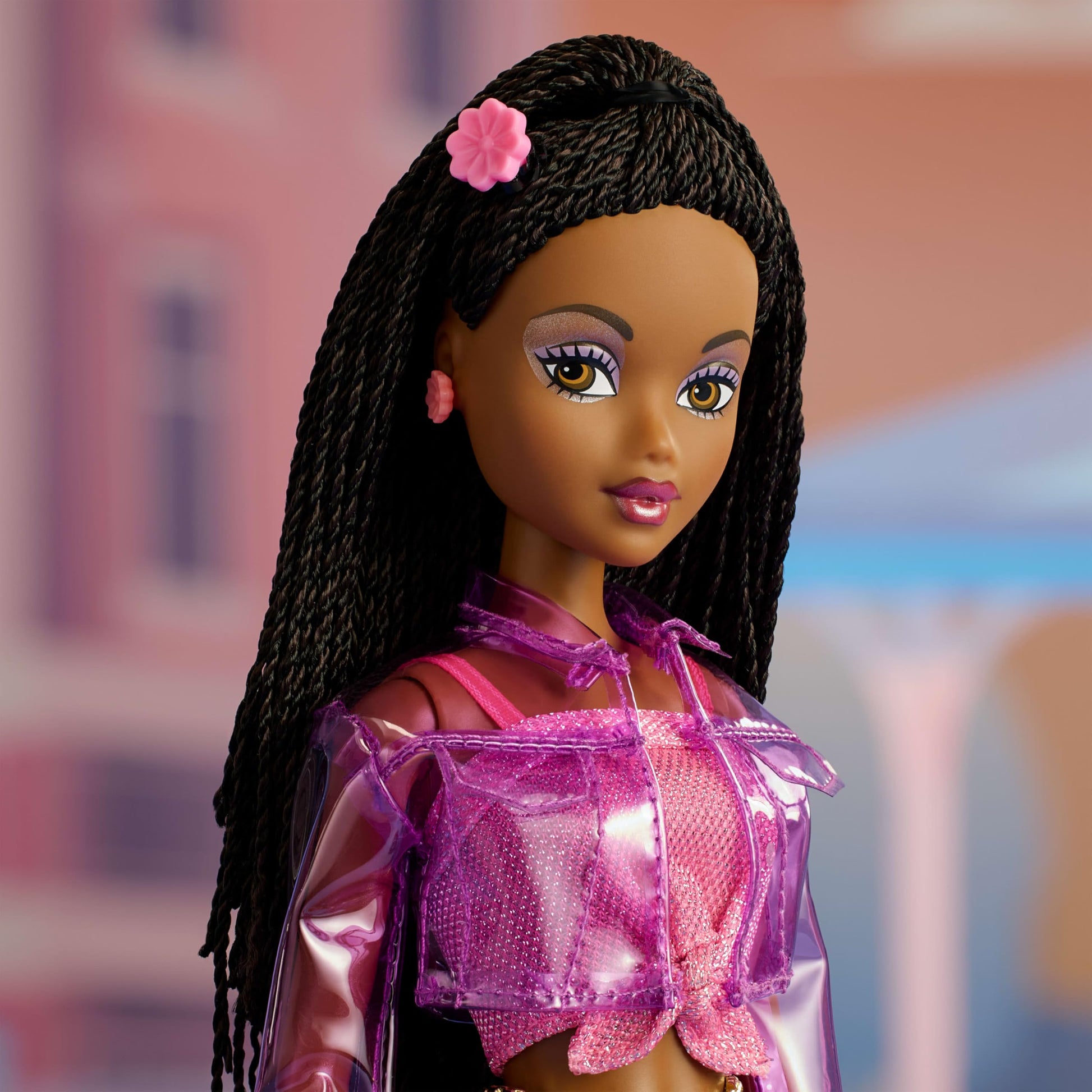 Barbie Signature My Scene Jai Doll and Accessories, Black Braids, Y2K-Inspired Outfit with Pink Top, Vinyl Jacket, Floral Flare Pants and Doll Stand