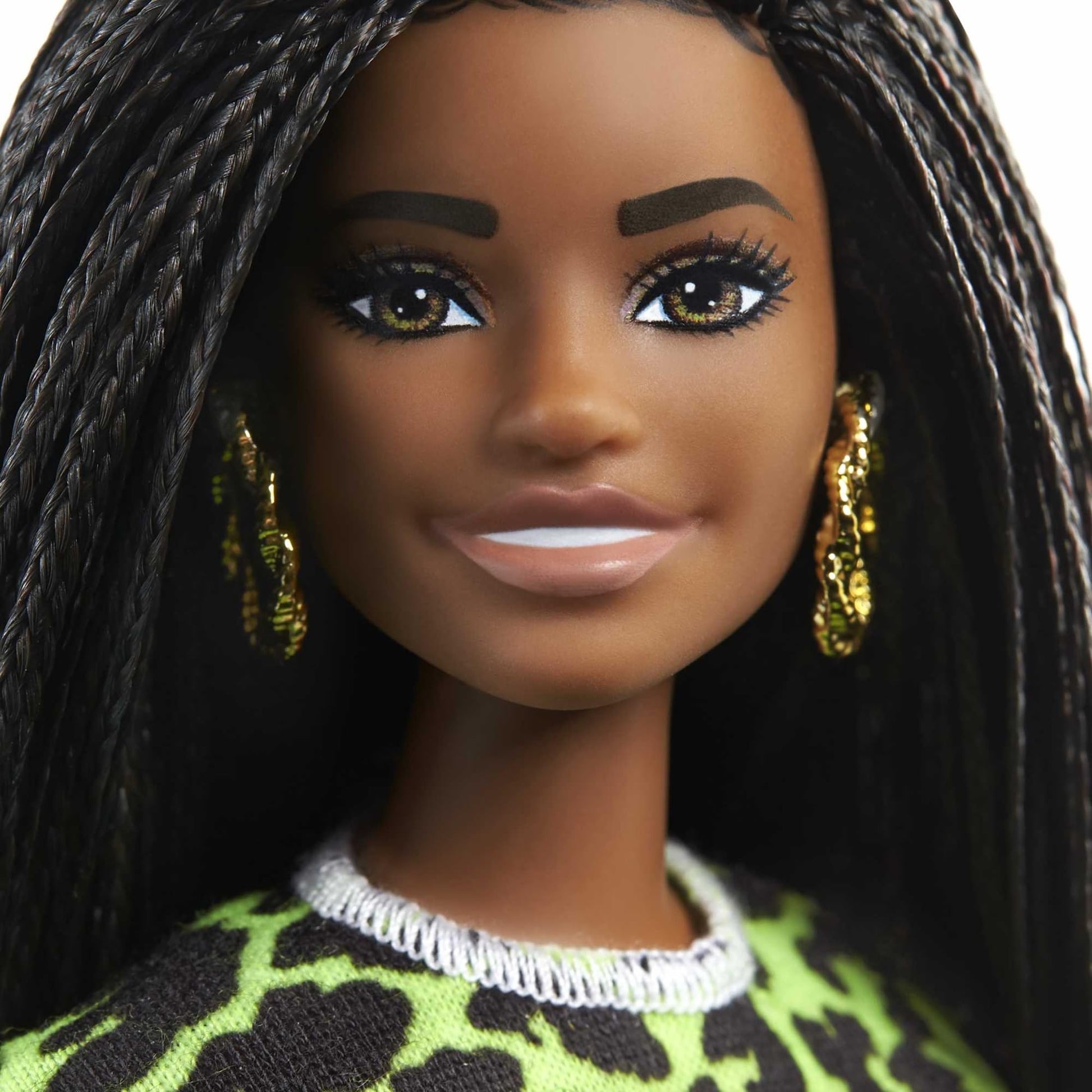 Barbie Fashionistas Doll #144 with Long Brunette Braids Wearing Neon Green Animal-Print Top, Pink Shorts, White Sandals & Earrings, Toy for Kids 3 to