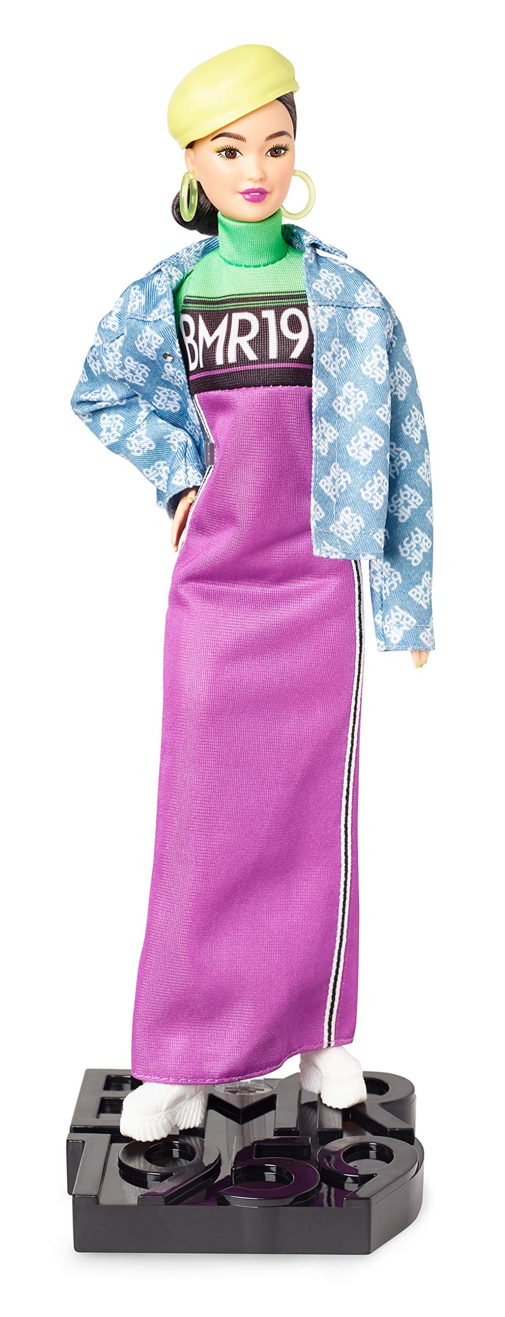 Barbie BMR1959 Fully Poseable Fashion Doll, Brunette, in Neon Motocross Dress, Denim Jacket and Beret, with Accessories and Doll Stand