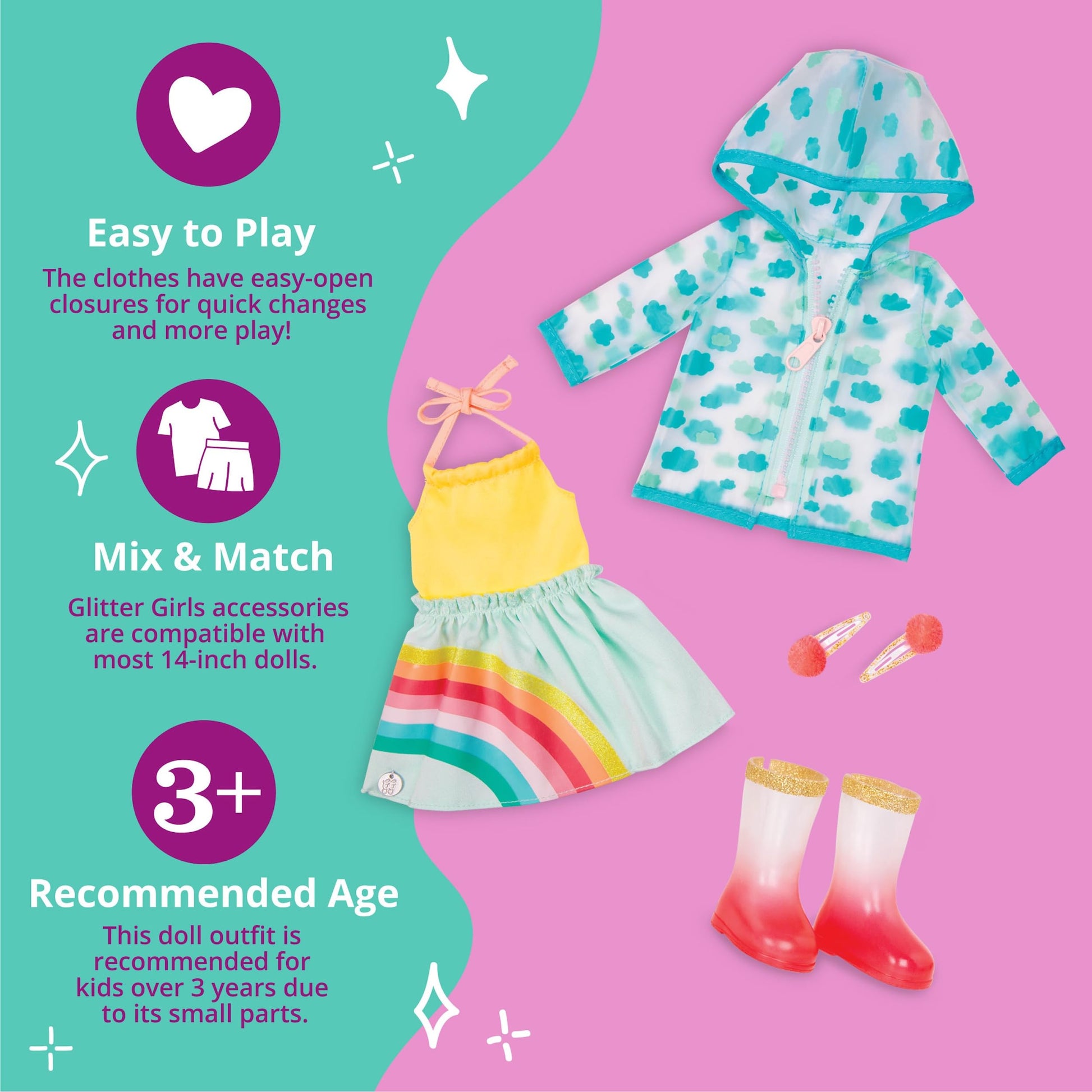 Glitter Girls - 14-Inch Doll Clothes - Smile! Rain Or Shine Outfit - Rainbow Dress, Hair Clips, Raincoat, and Rain Boots - Toys, and Accessories