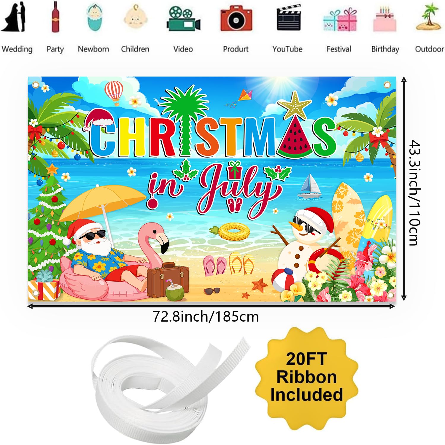Christmas in July Backdrop 72.8'' x 43.3'', Christmas in July Background Banner Party Decorations with Beach Snowman Santa for Summer Holiday Hawaiian