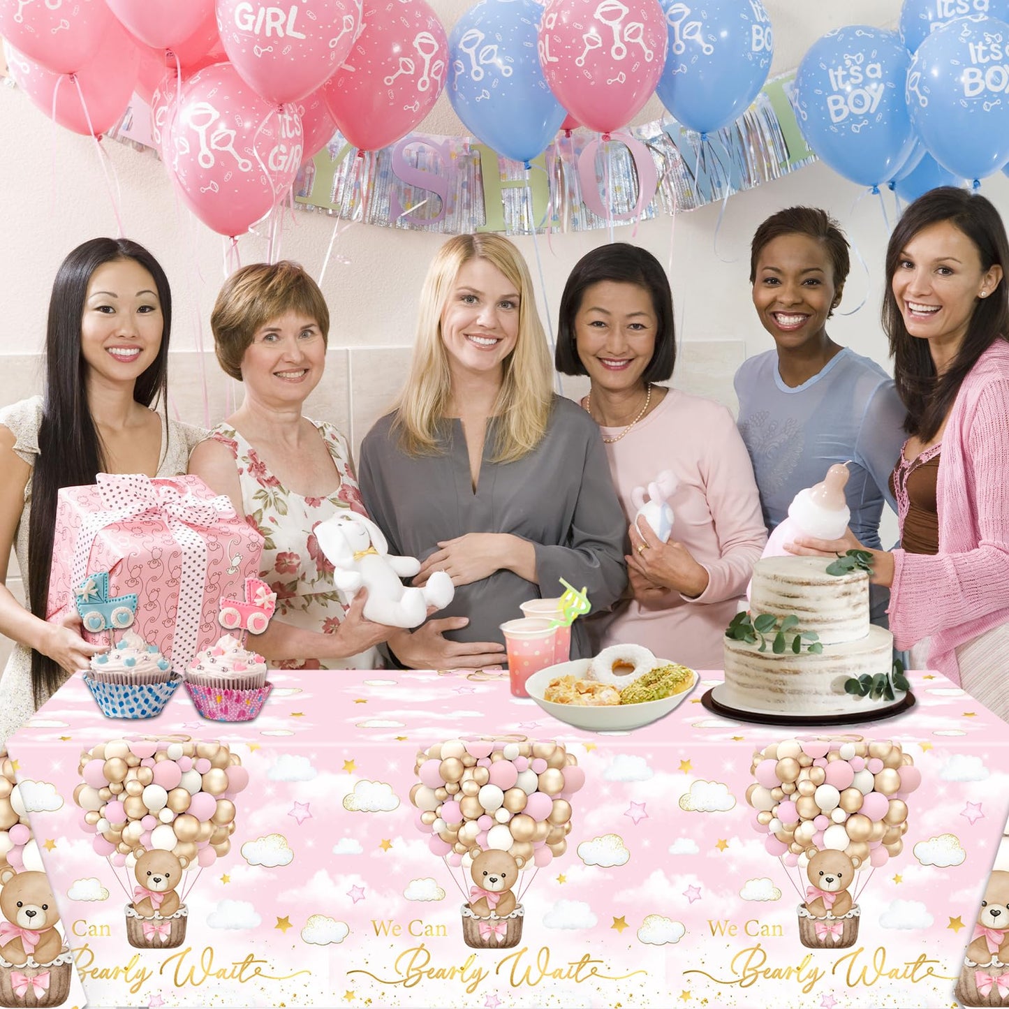 CMUSKO 3Pcs Pink Bear Baby Shower Tablecloth, We Can Barely Wait Baby Shower Decorations Teddy Bear Table Cover for Girls Bear Beraly Wait Party