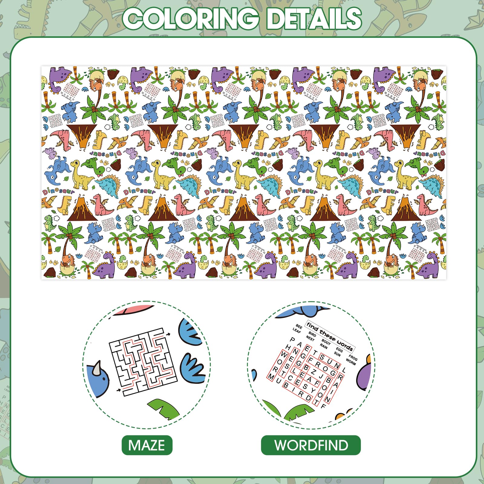 Litmitfu Dinosaur Coloring Tablecloth for Kids - Giant Dino Paper Activity Table Cover, Jumbo Animal Dino World Coloring Games Poster Crafts