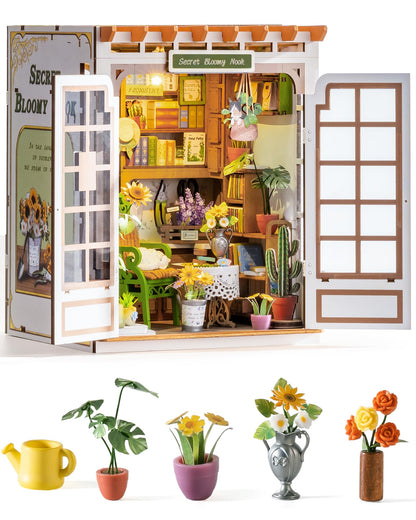 ROBOTIME DIY Miniature House-Secret Bloomy Nook, Greenhouse Miniature House Kits for Adults, Flowers Plants Garden Book Nook Kit with LED Bookshelf