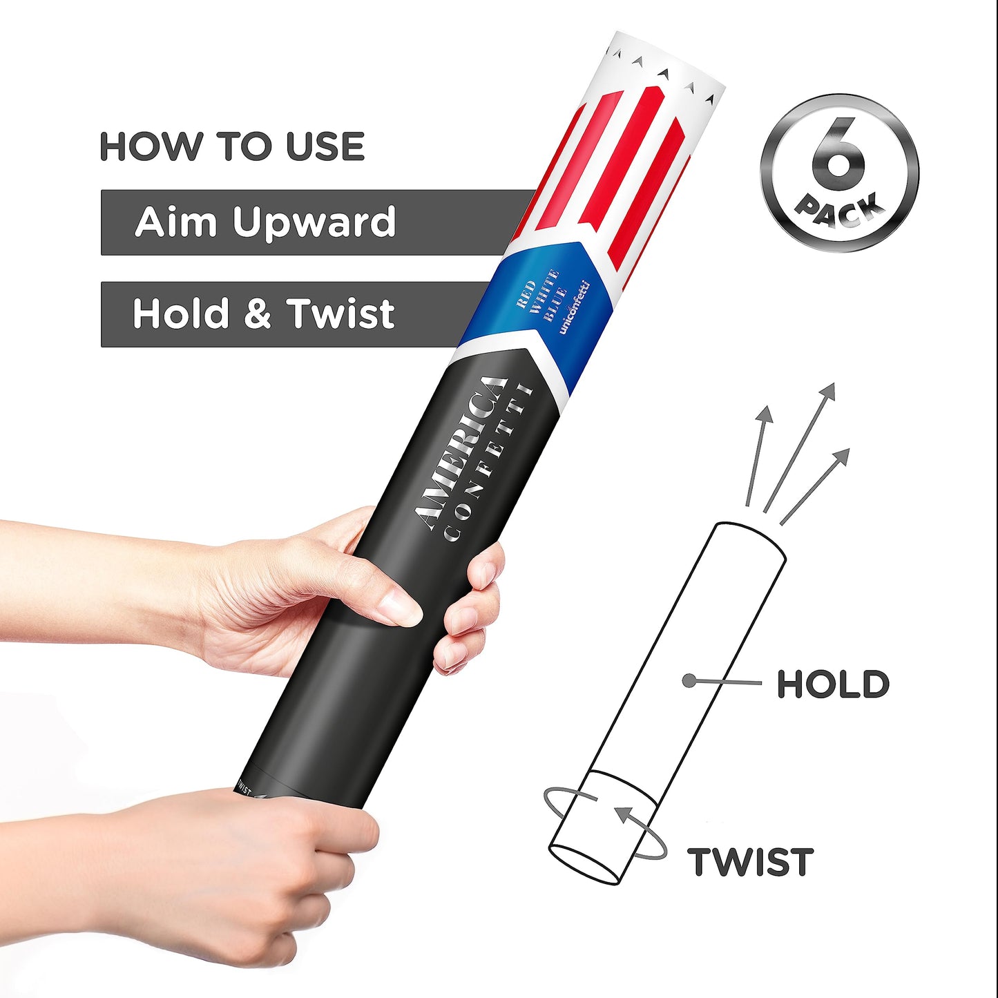 16" America Confetti Cannons | Red White & Blue Confetti Poppers [6 Pack] Biodegradable Paper, Party Poppers for Independence Day/July 4th, Patriotic