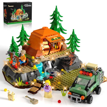 Mountain Camping Building Set with Light, Outdoor Adventure Scene Toy with Camp, Tent, Camper Van, Campfirre, Creative Home Decor & Display, Xmas
