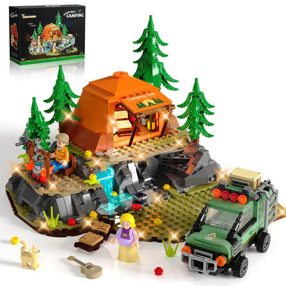 Mountain Camping Building Set with Light, Outdoor Adventure Scene Toy with Camp, Tent, Camper Van, Campfirre, Creative Home Decor & Display, Xmas