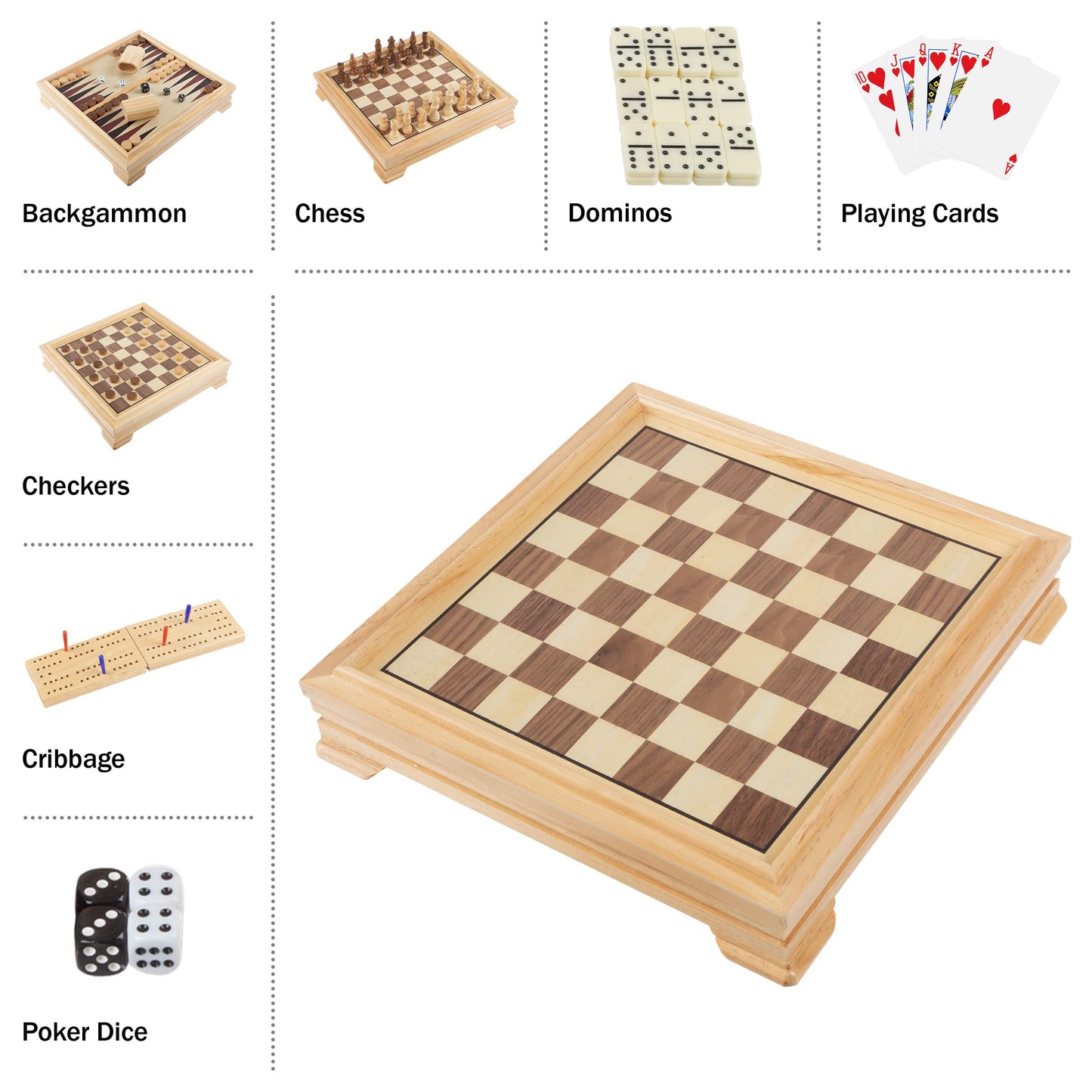 Board Game Set - Deluxe 7-in-1 Classic Board Games - Wood Gaming Center with Storage - Chess, Backgammon, Dominos, Checkers, Dice Set, Cribbage Board