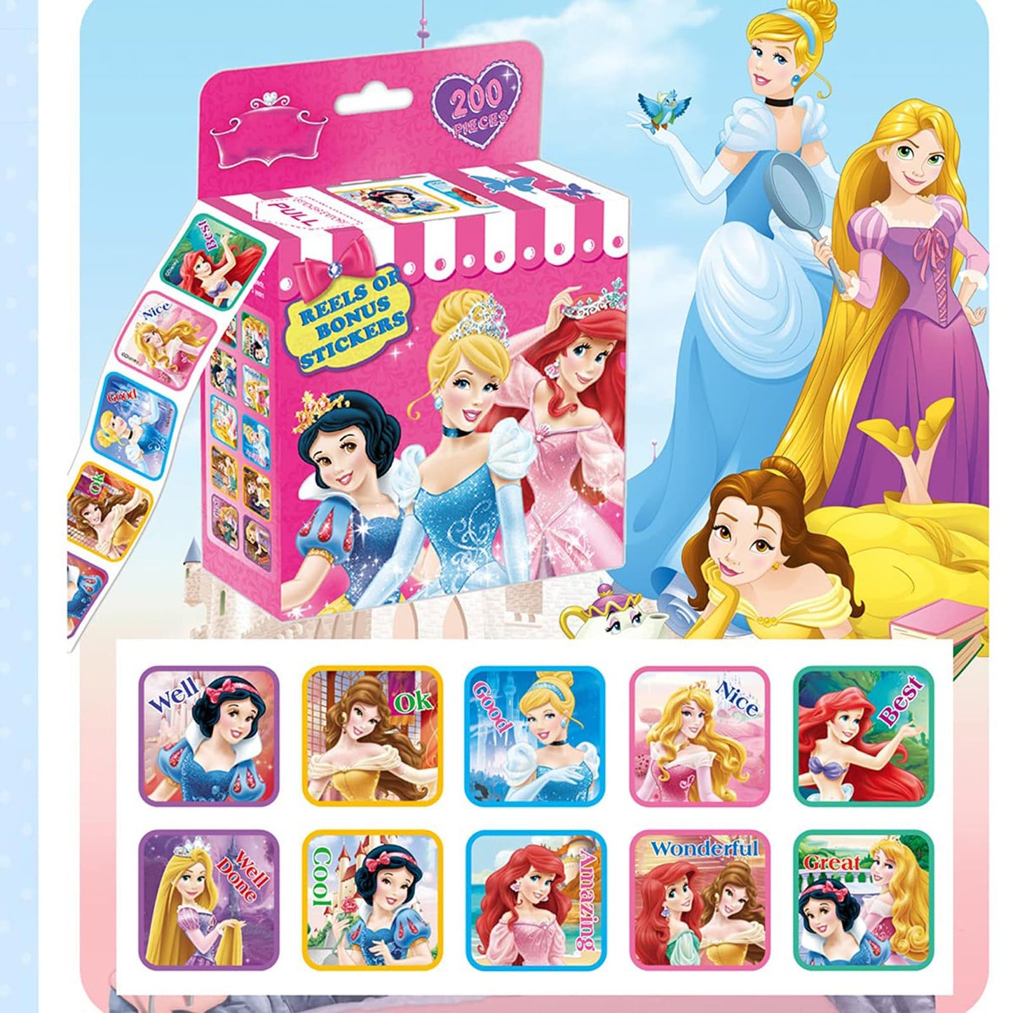 3 Pack Kids Sticker in 30 Designs,600 Pcs 1-1/2 Inch Self Adhesive Label Roll Stickers for Kids and Teacher(Princess)