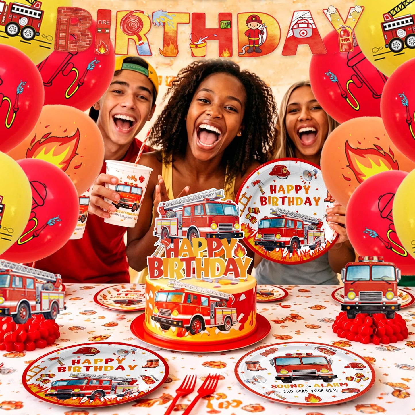 162pcs Firetruck Birthday Party Supplies Fire Truck Plates Napkins Serve 20