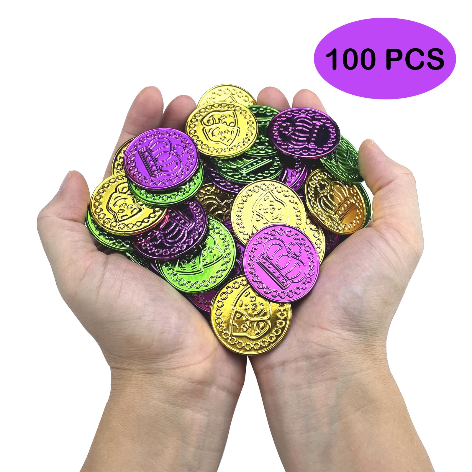 100 PCS Mardi Gras Coins Set-Assorted Green Purple Gold Mardi Gras Plastic Coins Set for Mardi Gras Theme Props Parade Table Decoration & Party Favors