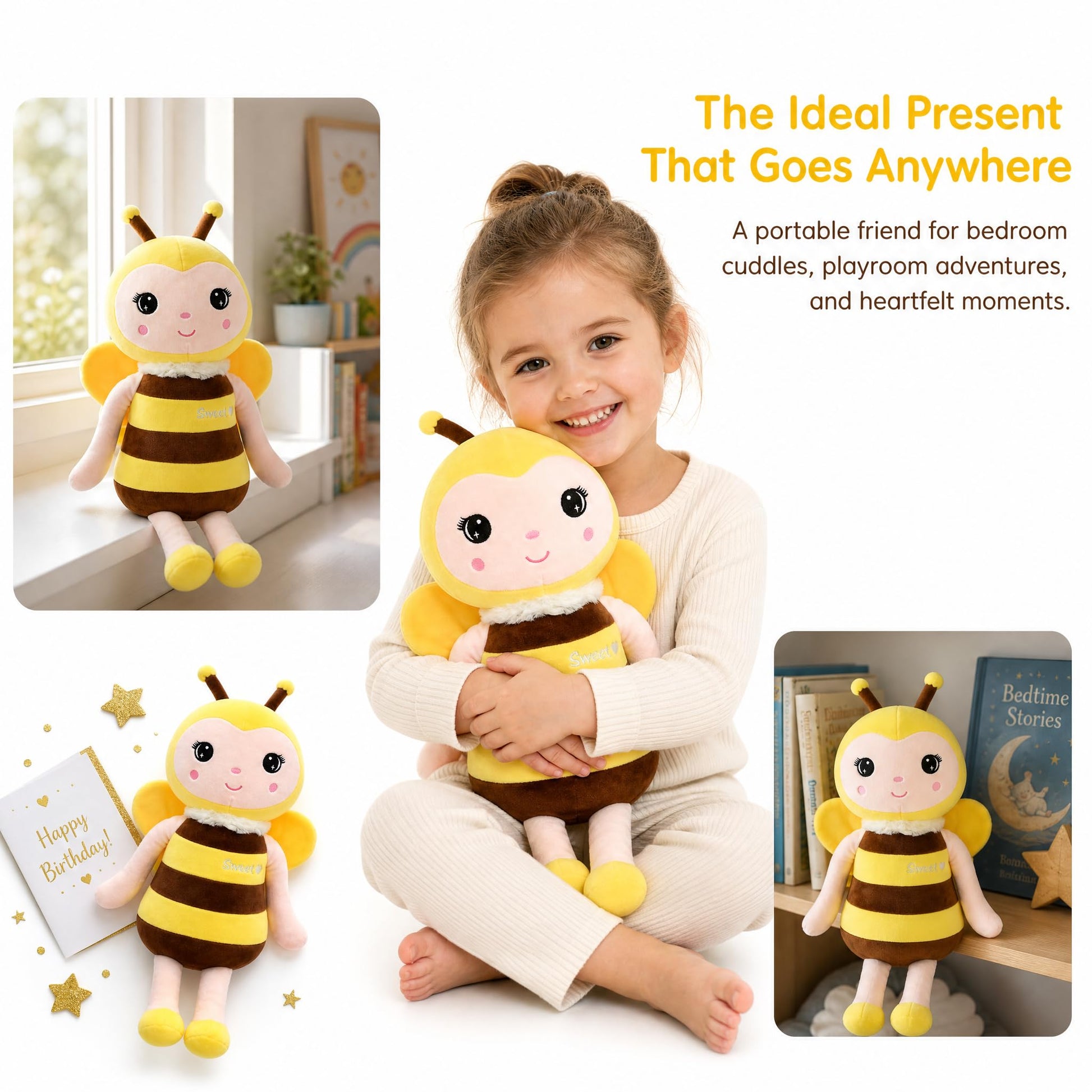 BABOLI Emotional Support Bee Stuffed Animal with Smile Face and Yellow Wings Soft Plush Fuzzy Bumblebee Toy Pillow Pretty Sweet Gifts for Honey Kids
