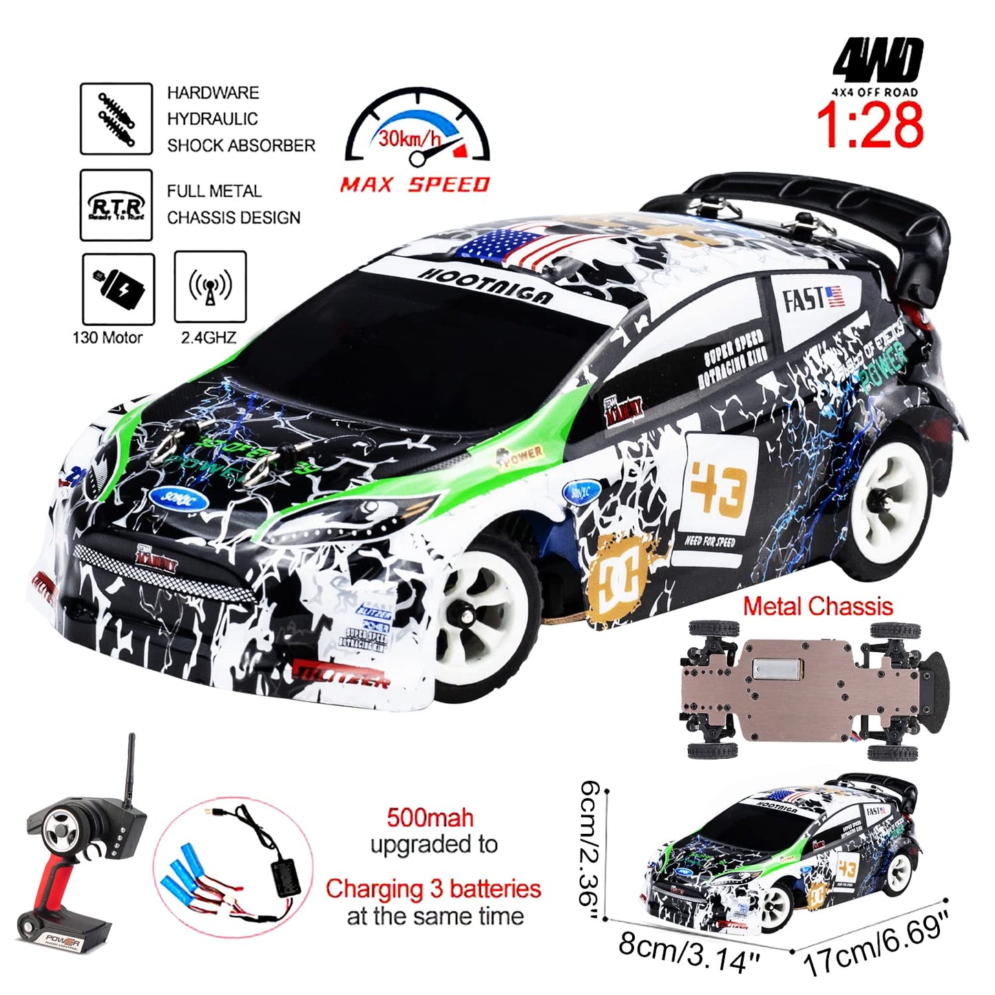 LEOSO WLtoys K989 1/28 4WD Mini RC Drift Car with 3 Batteries