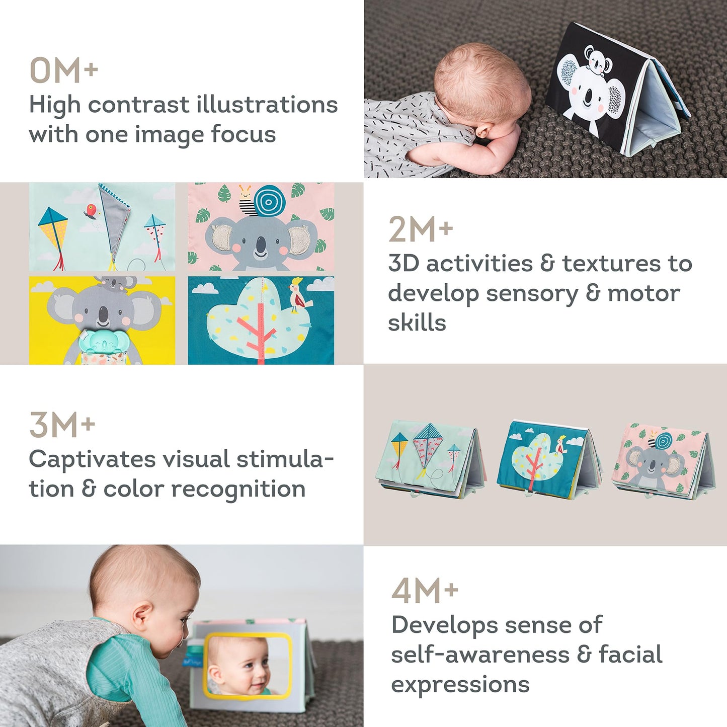 Taf Toys Tummy Time Baby Mirror Soft Baby Book with Mirror & Teether - Tummy Time Toys 0-6 Months - High Contrast Newborn Infant Toys - Ideal