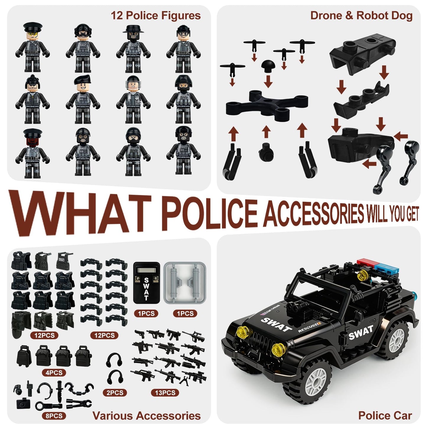 Military Minifigures Set, Mini Figures Toy, MINIFIG People Pack, Army Action Figures Building Blocks with SUV, Robotic Dogs, Kids Gift for Christmas
