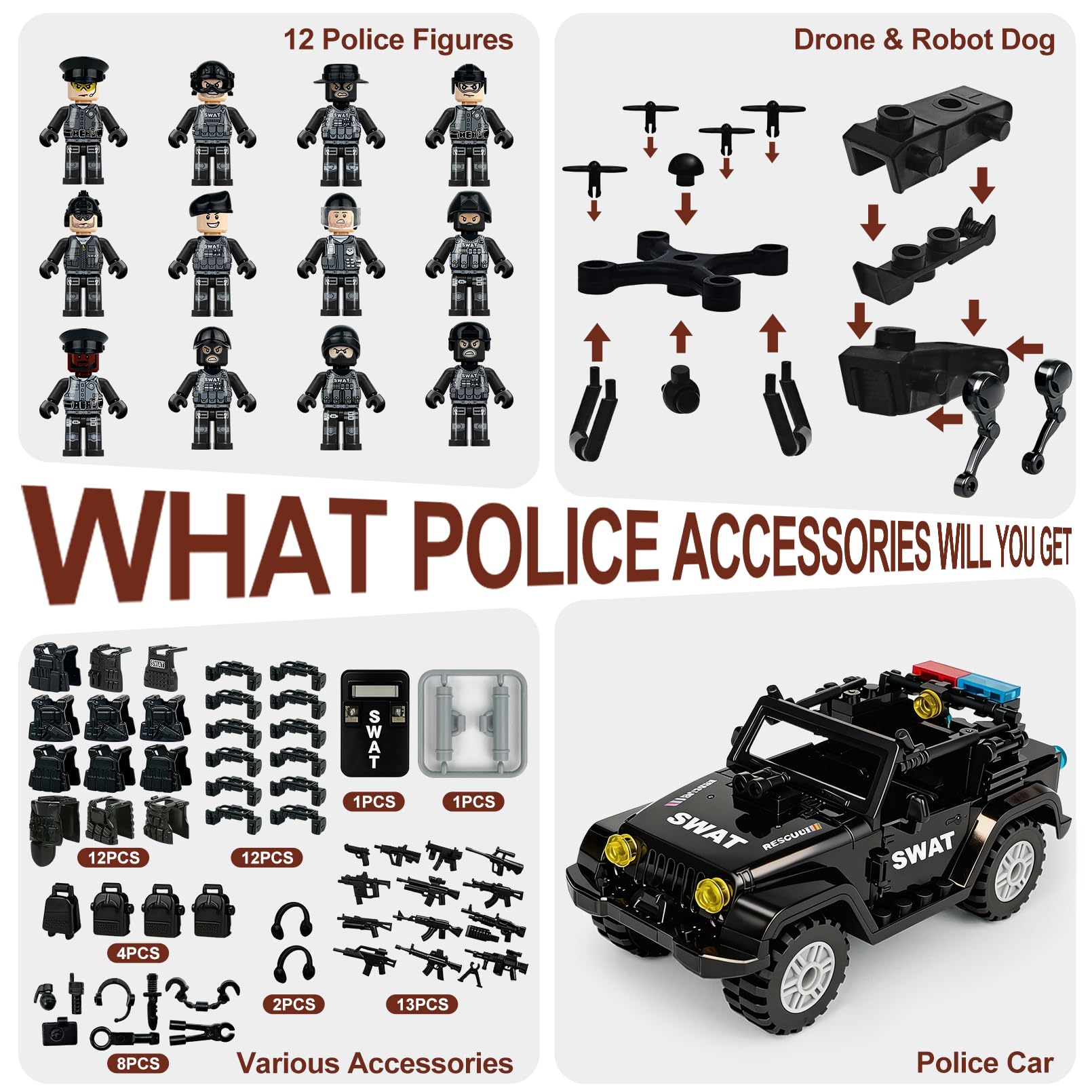 Military Minifigures Set, Mini Figures Toy, MINIFIG People Pack, Army Action Figures Building Blocks with SUV, Robotic Dogs, Kids Gift for Christmas