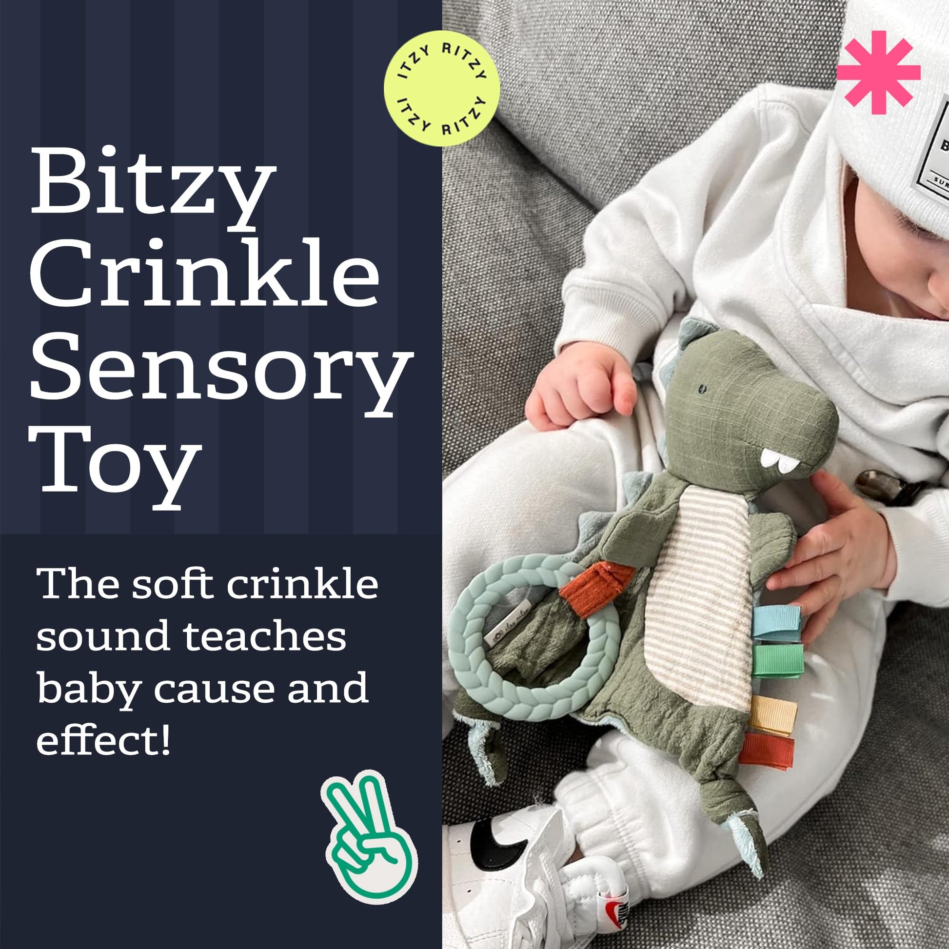 Itzy Ritzy - Bitzy Crinkle Sensory Toy Dinosaur with Crinkle Sound for Babies & Toddlers - Features Soft Braided Teething Ring & Textured Ribbons