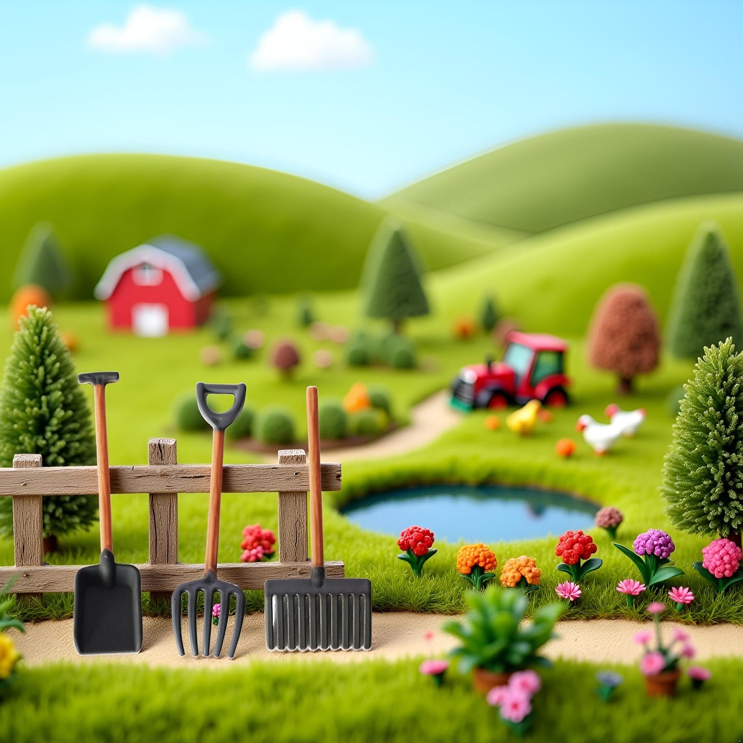 ZhangyiHot 3 Pcs Dollhouse Miniatures, 1/12 Scale Miniature Dollhouse Farm Tool Accessories, Plastic Mini Farm Tool Shovel Rake for Micro-Landscape