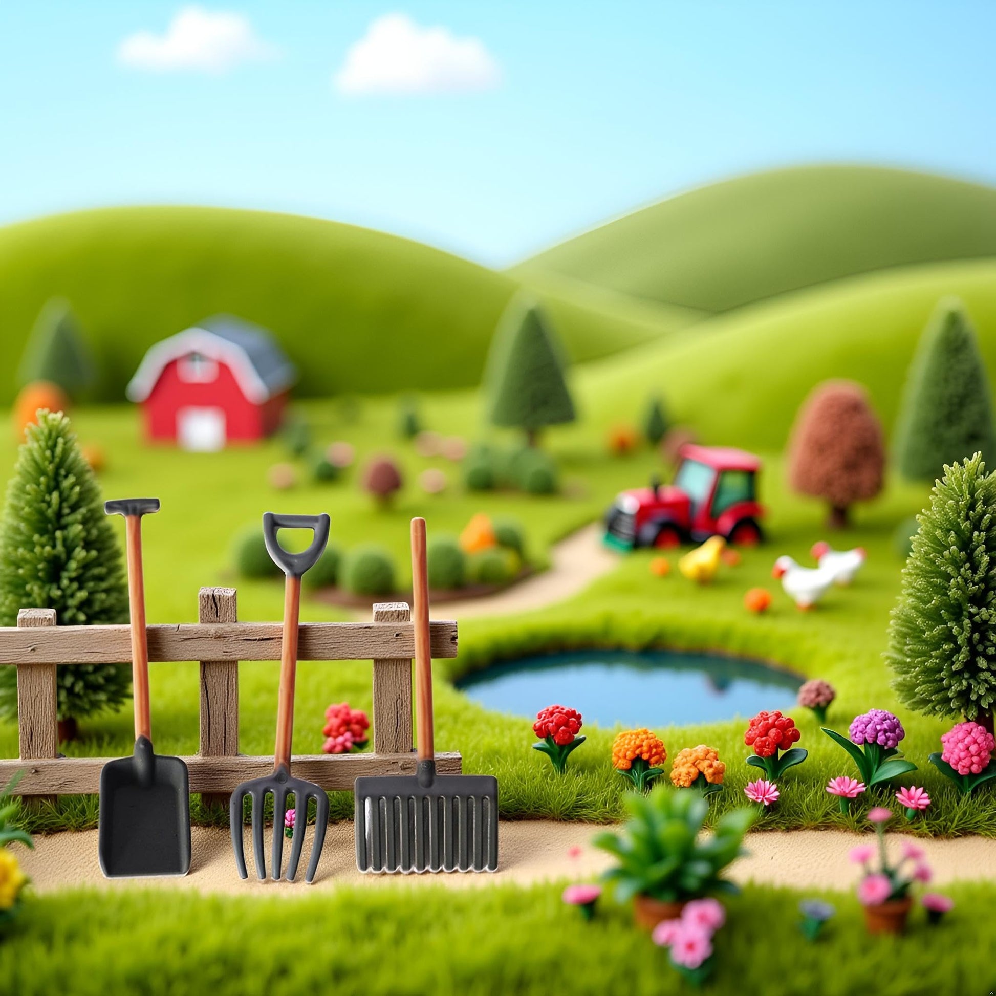 ZhangyiHot 3 Pcs Dollhouse Miniatures, 1/12 Scale Miniature Dollhouse Farm Tool Accessories, Plastic Mini Farm Tool Shovel Rake for Micro-Landscape