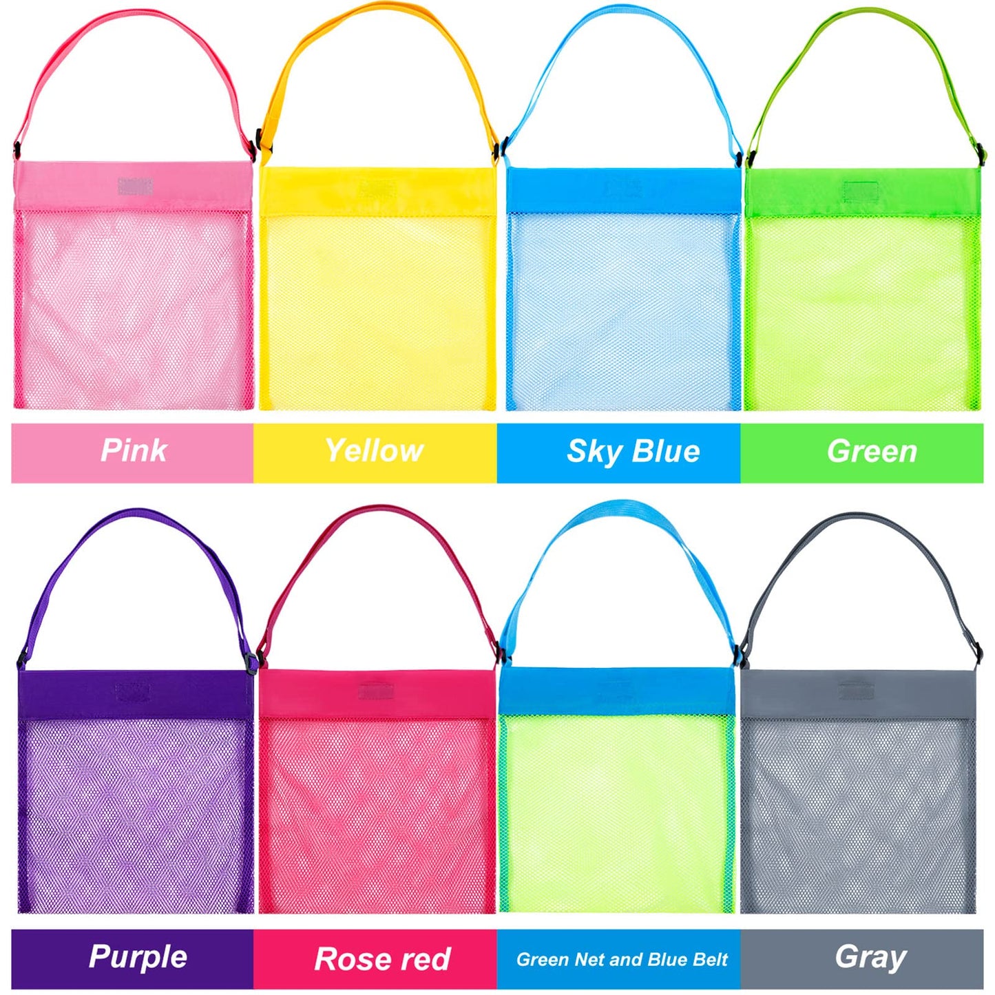 meekoo 8 Pcs 11.4 x 13.8 inch Colorful Mesh Beach Bags Seashell Collecting Bags with Adjustable Carrying Straps for Beach Shell Treasure Toy Storage