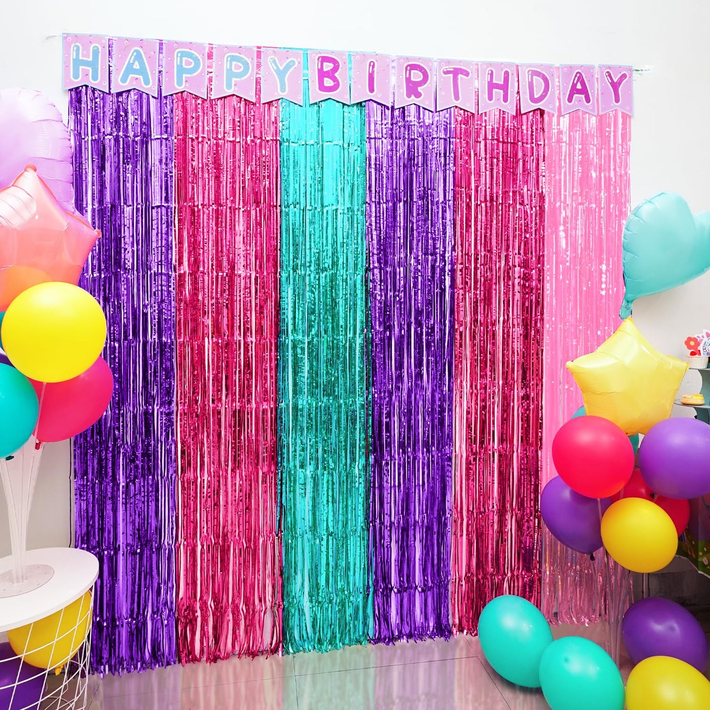 Satankya Cute Dollhouse Birthday Decorations, 2 Pack Dollhouse Party Photo Booth Prop, Purple Pink Teal Fringe Curtains Tinsel Photo Streamers