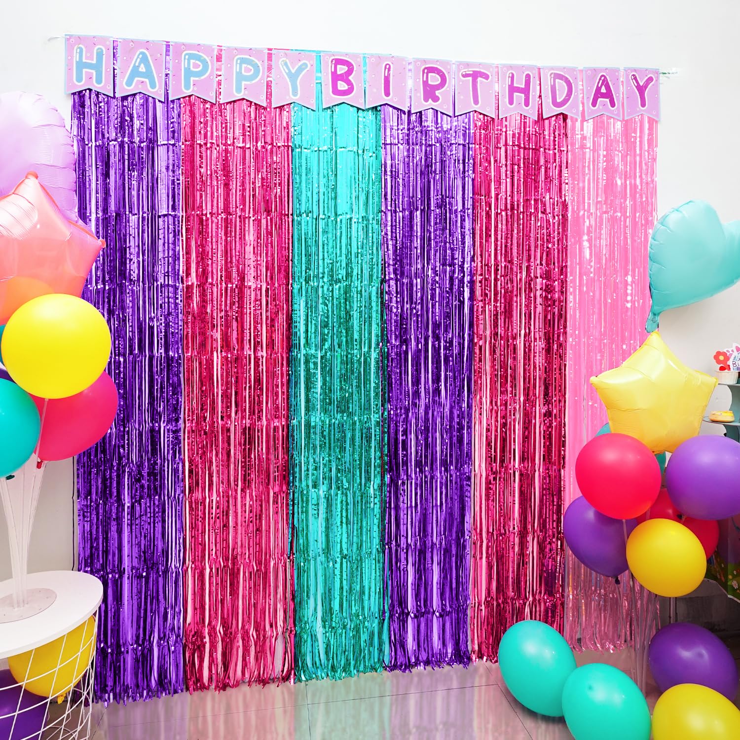 Satankya Cute Dollhouse Birthday Decorations, 2 Pack Dollhouse Party Photo Booth Prop, Purple Pink Teal Fringe Curtains Tinsel Photo Streamers
