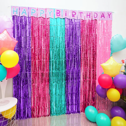 Satankya Cute Dollhouse Birthday Decorations, 2 Pack Dollhouse Party Photo Booth Prop, Purple Pink Teal Fringe Curtains Tinsel Photo Streamers