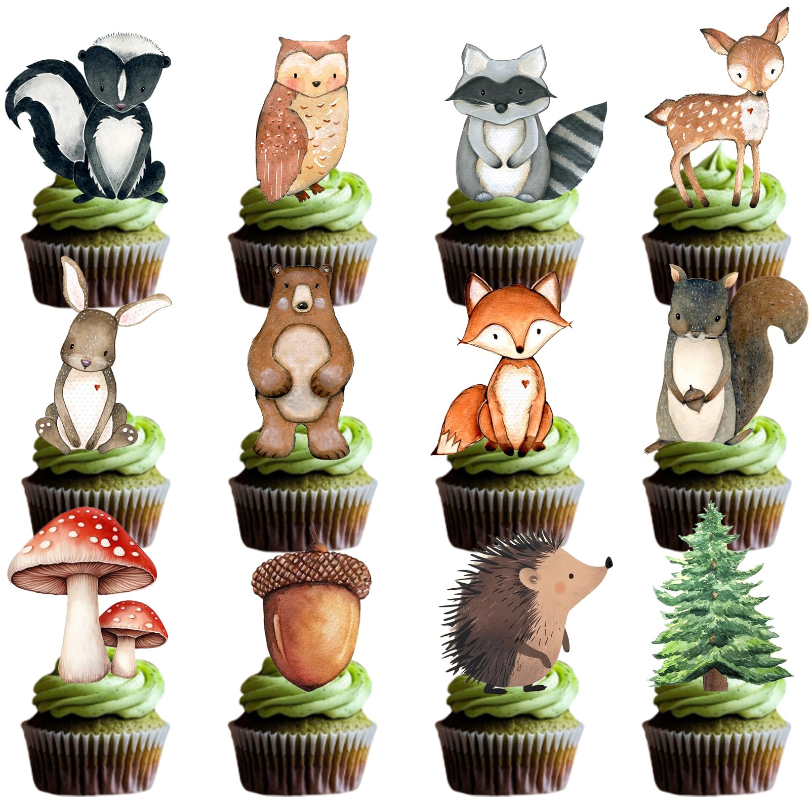 48 Woodland Cupcake Topper, Forest Animal Cupcake Toppers for Woodland Baby Shower Decorations, Neutral Forest Animals Gender Reveal Party Supplies