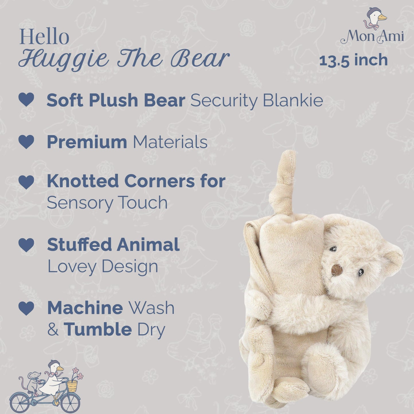 MON AMI Huggie The Bear Plush Lovey, 13.5-Inch Knotted Security Blanket