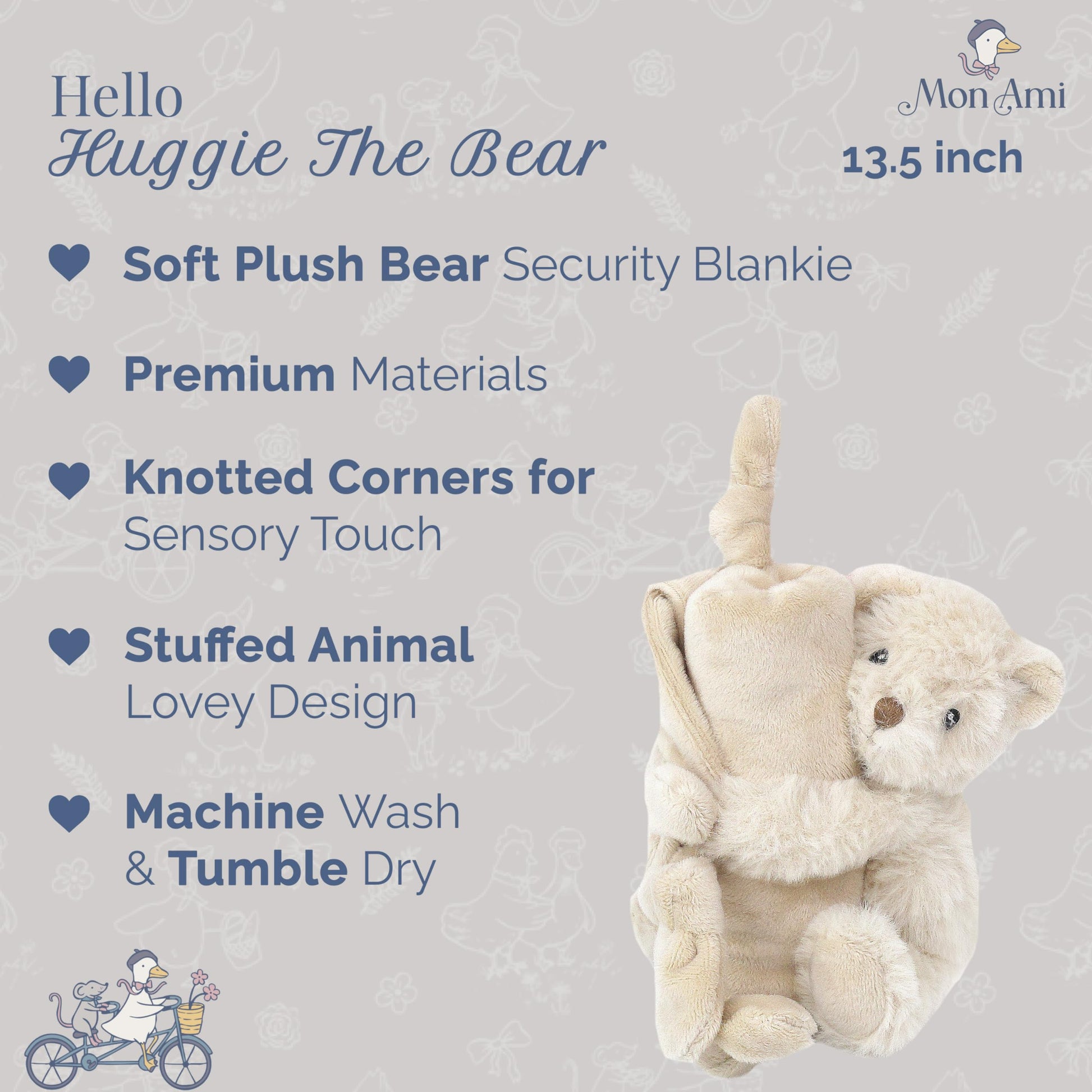 MON AMI Huggie The Bear Plush Lovey, 13.5-Inch Knotted Security Blanket