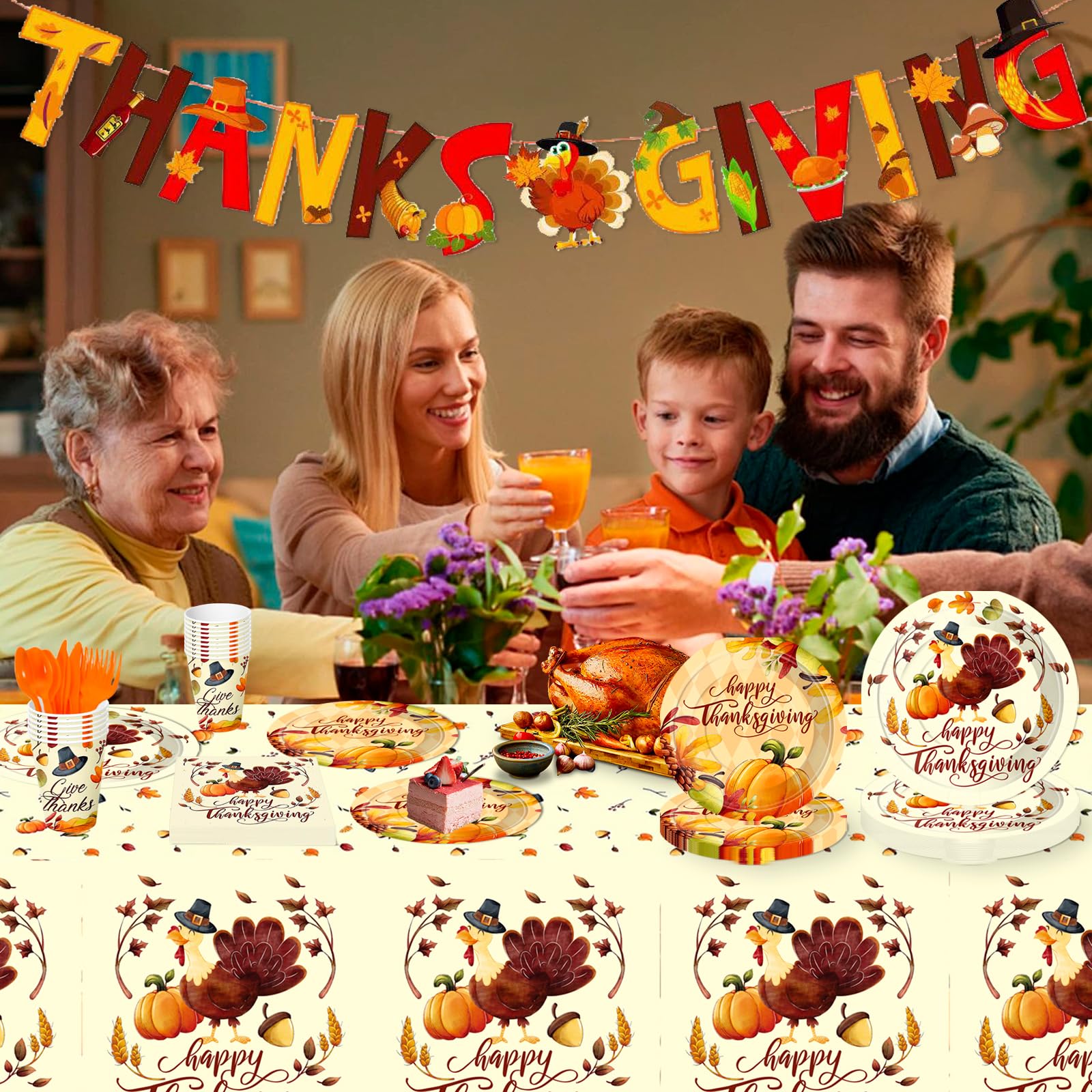 Sertokm 170PCS Fall Thanksgiving Party Plates and Napkins Set - Disposable Tableware with Banner, Pumpkin Tablecloth, Cups and Utensils