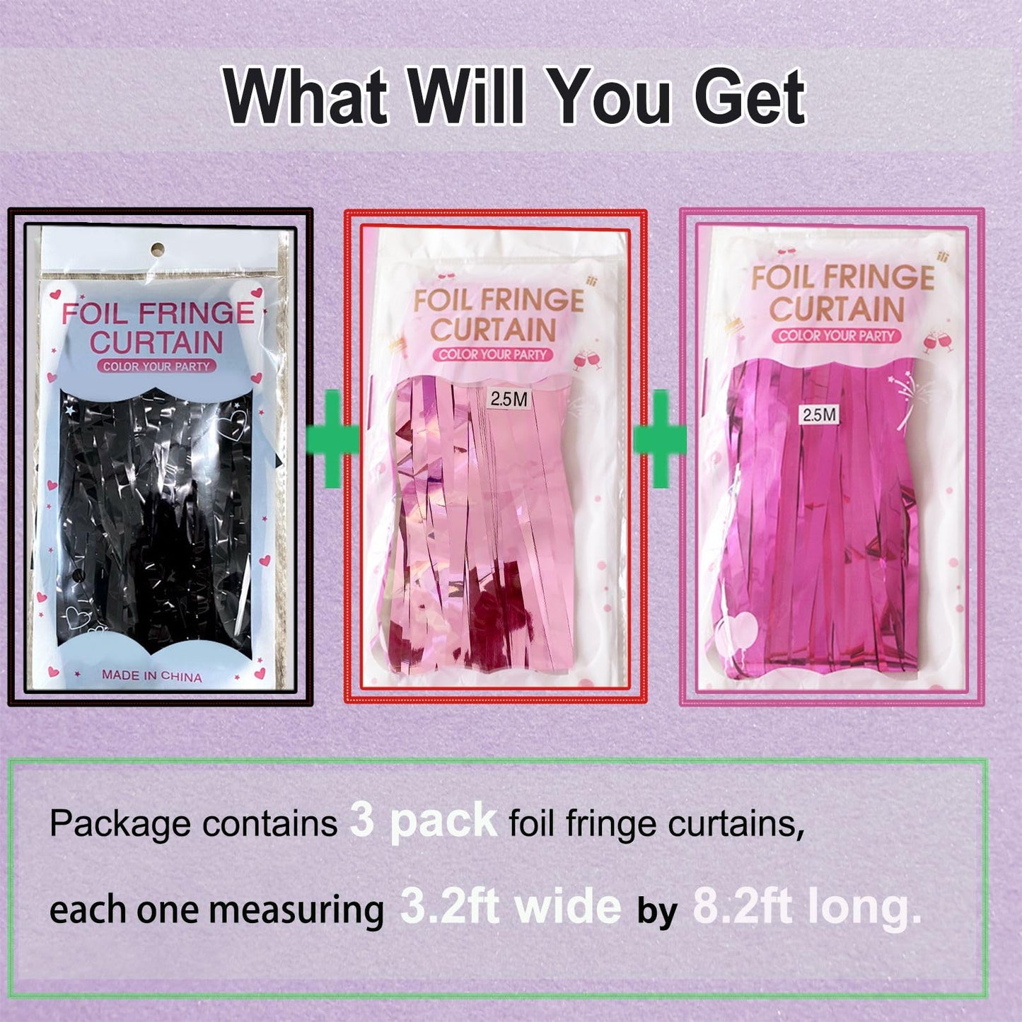 Pink and Black Birthday Decorations - 3 Pack of 3.2x8.2ft Dark Light Pink Fuchsia Tinsel Fringe Backdrop Streamers Curtains for Women Birthday