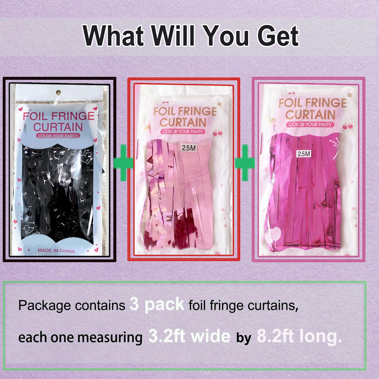 Pink and Black Birthday Decorations - 3 Pack of 3.2x8.2ft Dark Light Pink Fuchsia Tinsel Fringe Backdrop Streamers Curtains for Women Birthday