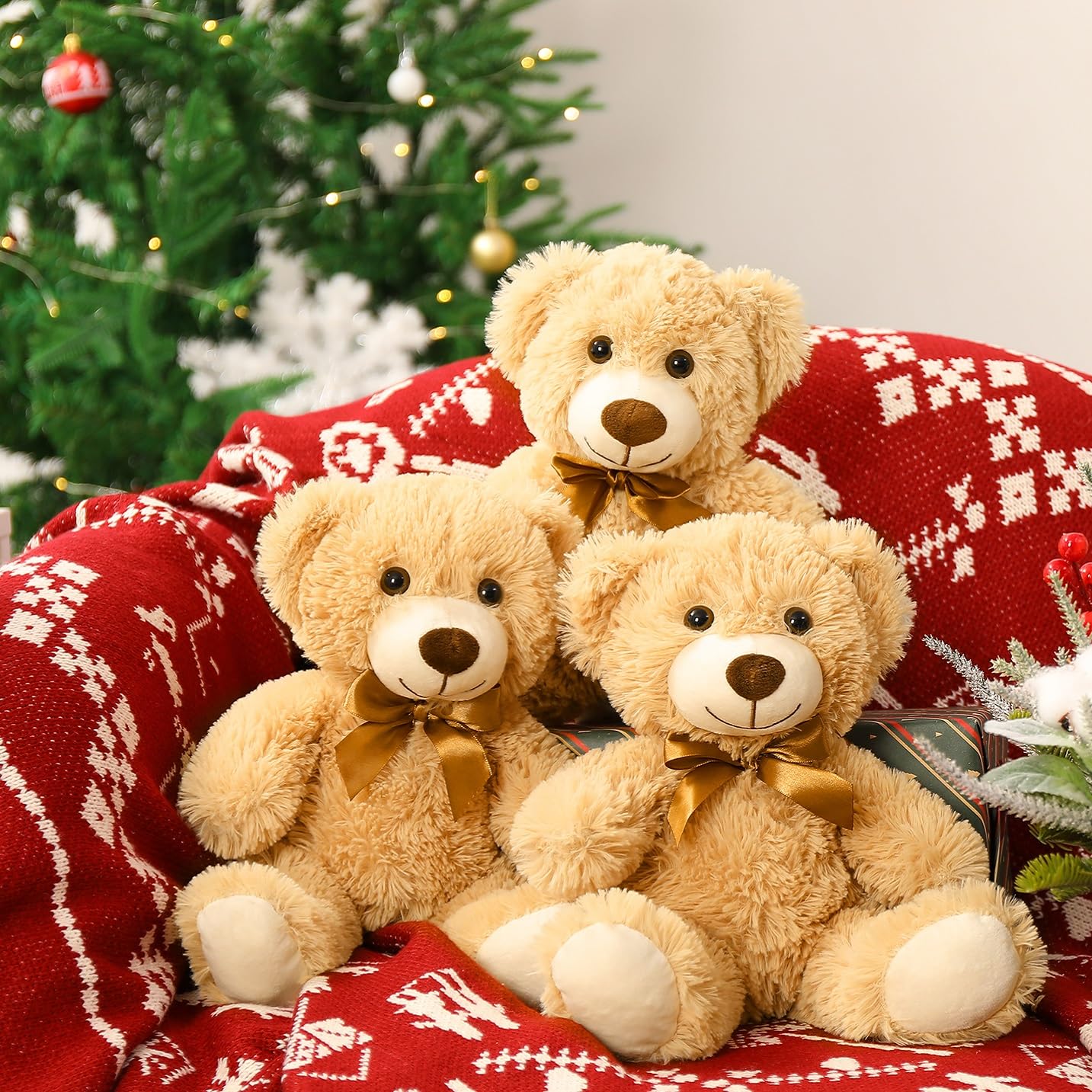 MorisMos 3Pcs Teddy Bears Bulk Baby Shower, 14inch Cute Teddy Bear Stuffed Animals Plush, Small Stuffed Bears on Centerpiece Baby Shower, Brown
