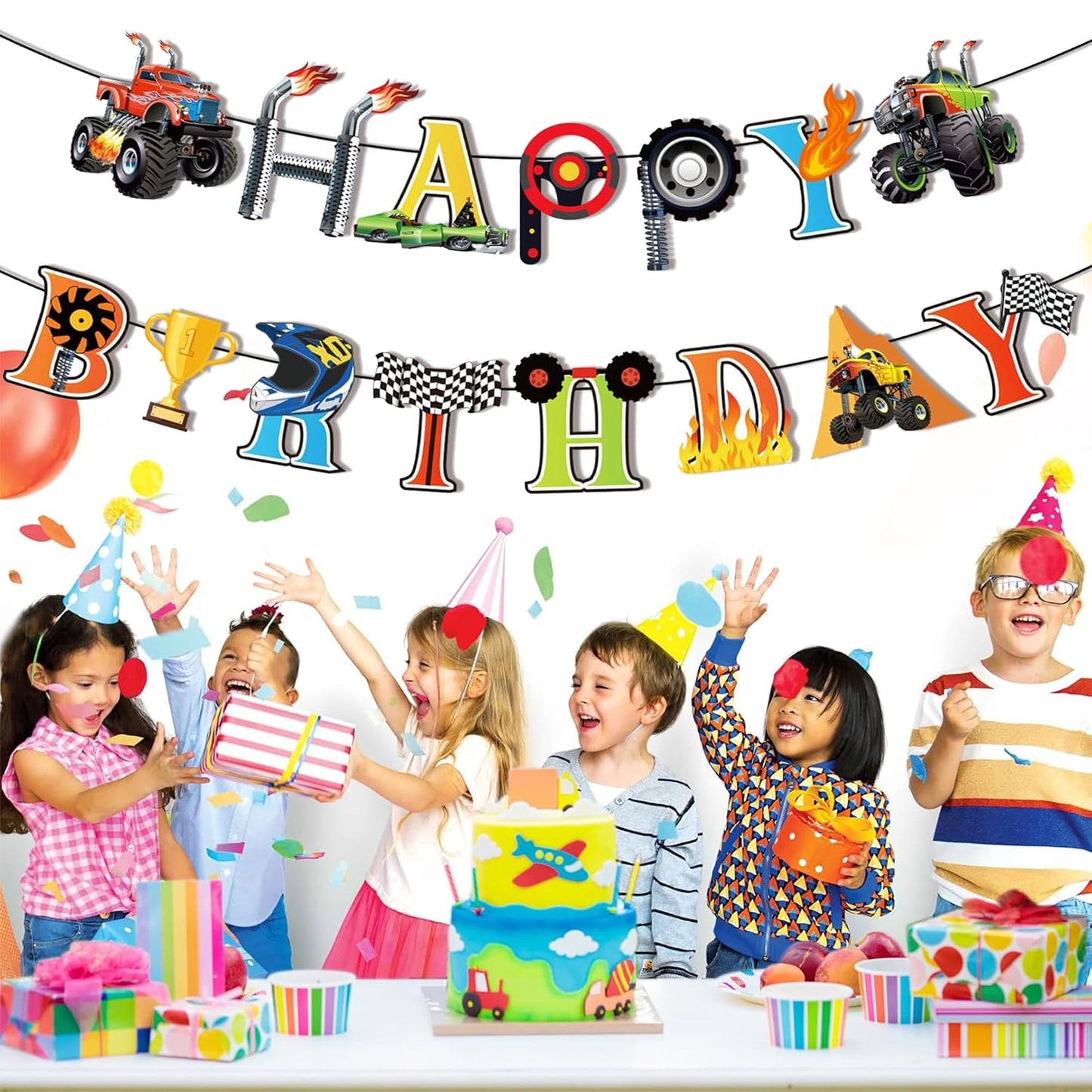 Monster Truck Birthday Banner Monster Truck Birthday Decorations Pre-Strung Monsters Trucks Happy Birthdays Banner Monsters Trucks Banners Cars B-day
