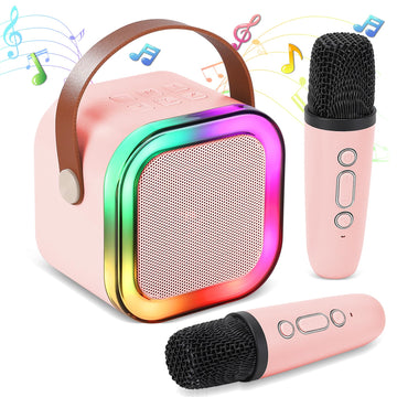 Mini Karaoke Machine, Portable Bluetooth Karaoke Speaker with 2 Wireless Microphones and Light for Family Home Party,Toys for Girls Boys Friends Age