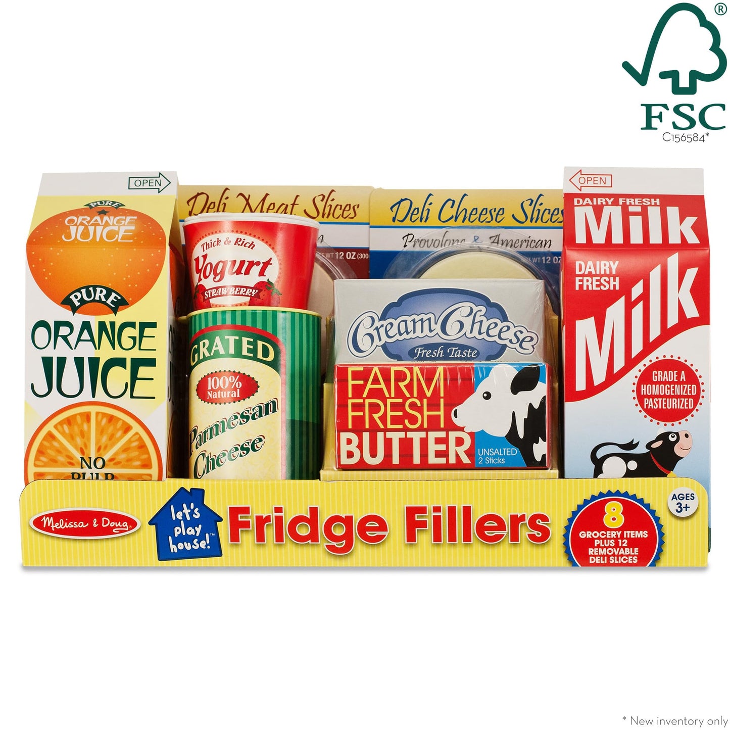 Melissa & Doug Fridge Fillers Grocery Play Food Cartons (8 Pieces) Wooden Toy Groceries, Pretend Play Food, Kitchen Accessories for Kids Ages 3+ - FSC