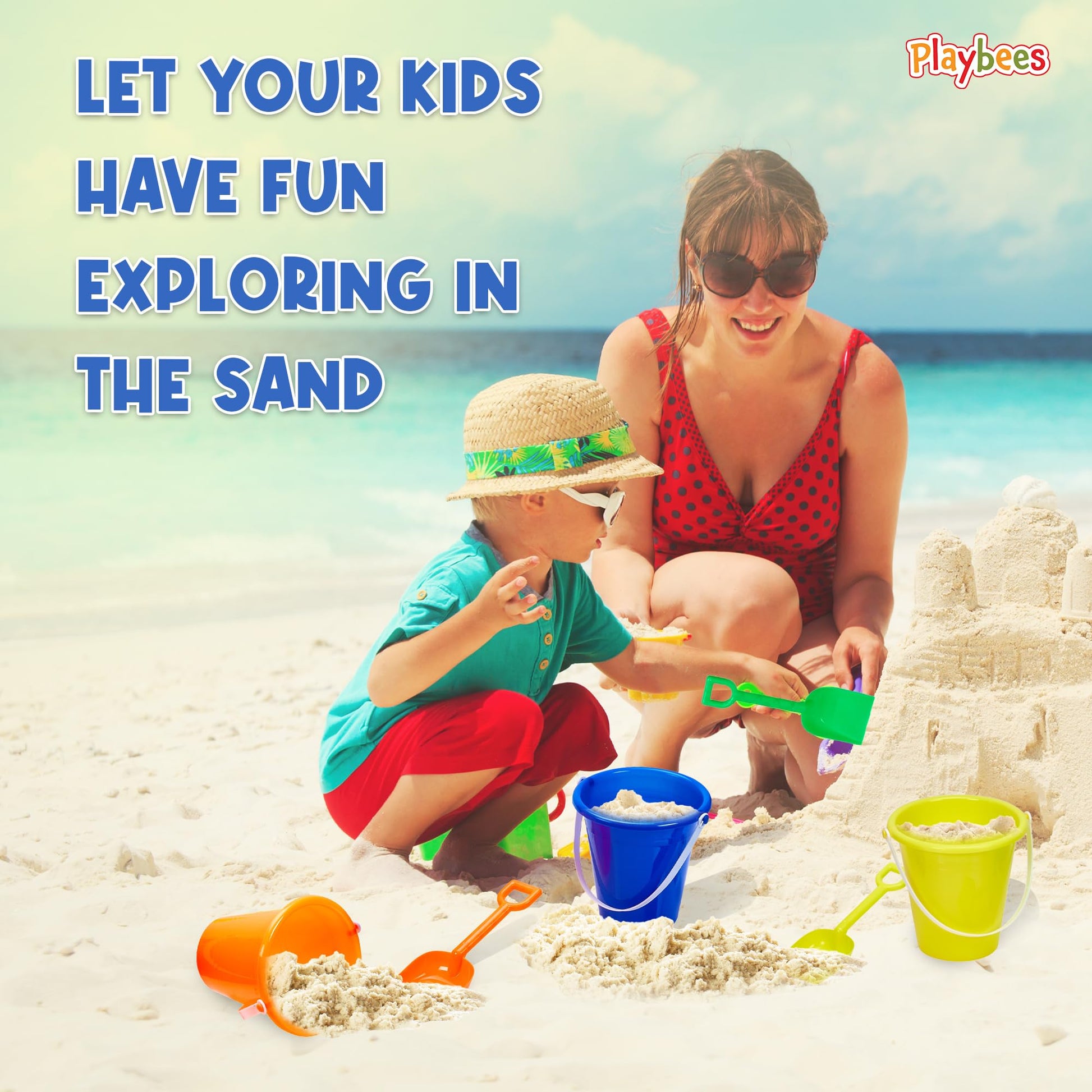 Playbees 24-Piece Beach Bucket and Shovel Set for Kids, Includes 12 Colorful 7-Inch Sand Pails and 12 Matching 7.5-Inch Shovels, Sandbox Toys