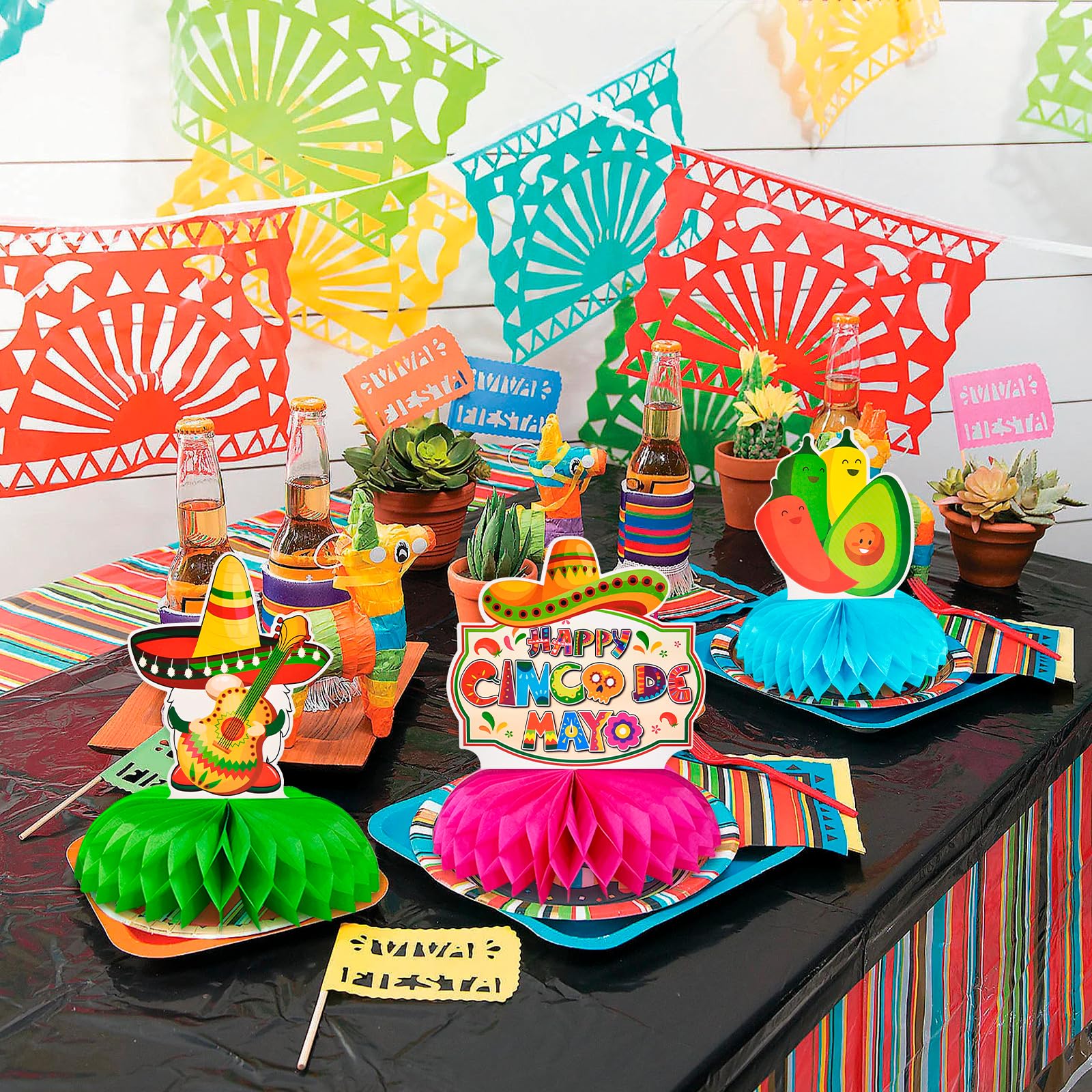9 Pieces Cinco de Mayo Festival Honeycomb Centerpieces Table Decor, Mexican Fiesta Vibrant Cactus, Piñata, Taco and Sombrero Pattern Table Topper