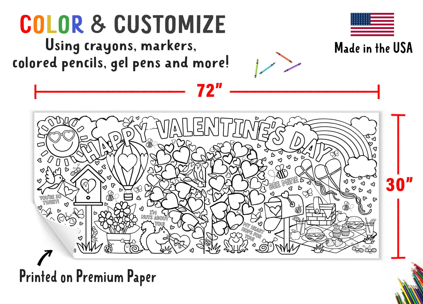Tiny Expressions Valentines Coloring Tablecloth - Rolled, No Creases 30" x 72" Giant Coloring Poster to Color On - Valentine's Day Activity